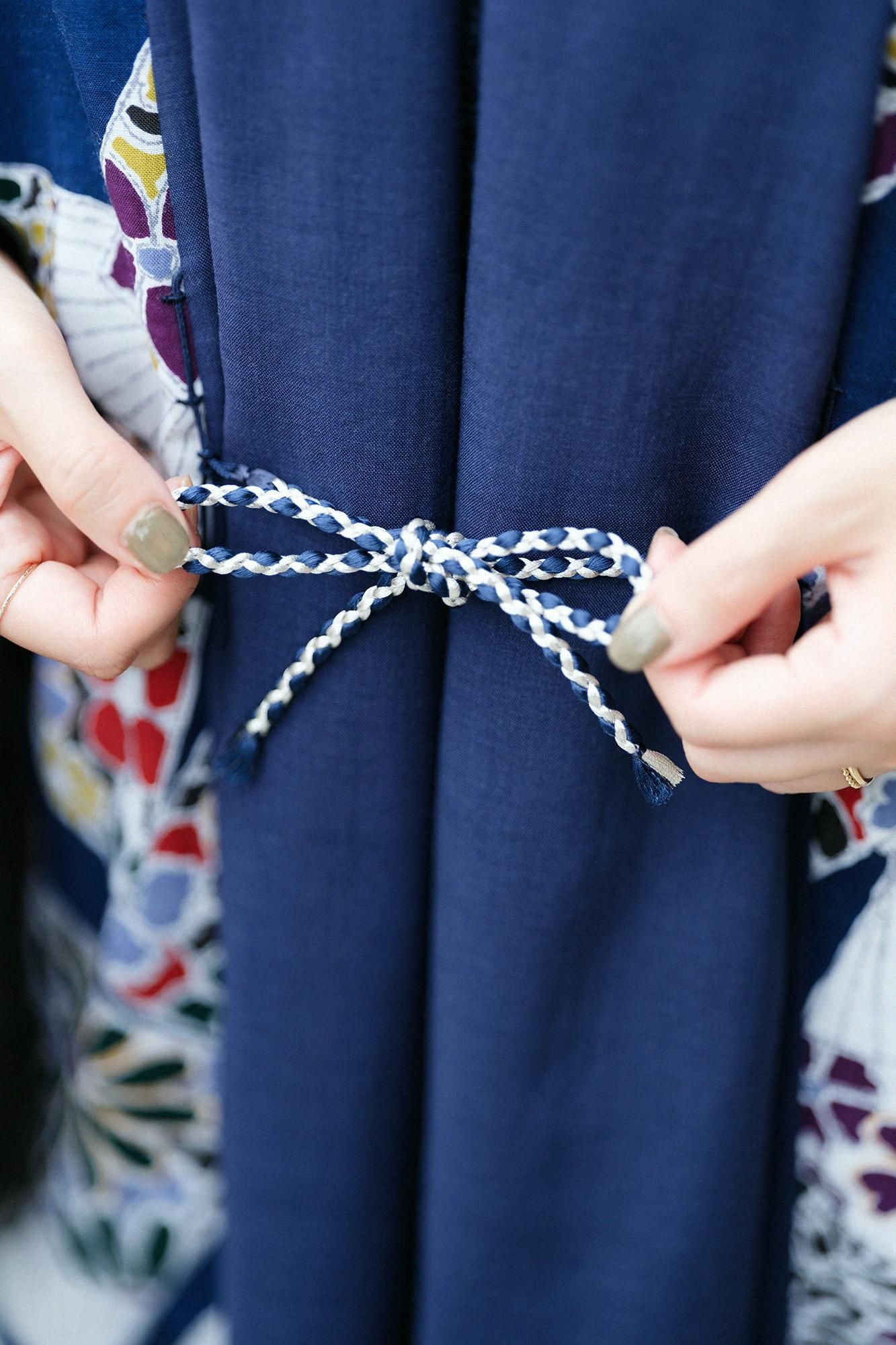 Mousseline, manche impériale, réversible, bleu foncé, fan