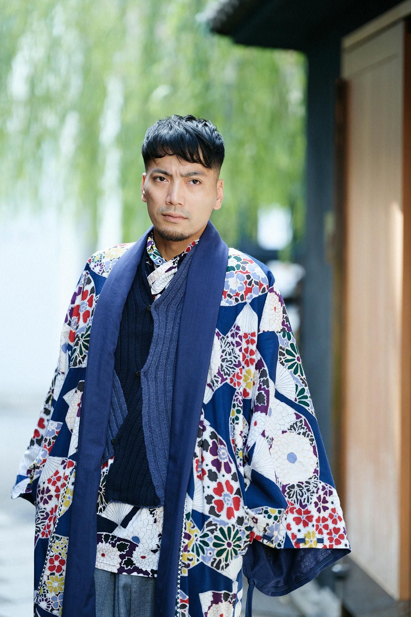 Mousseline, manche impériale, réversible, bleu foncé, fan