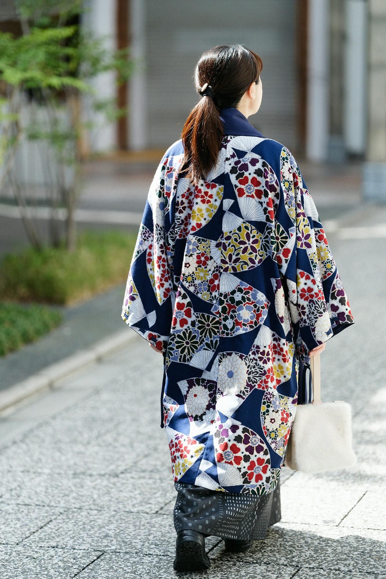 Mousseline, manche impériale, réversible, bleu foncé, fan