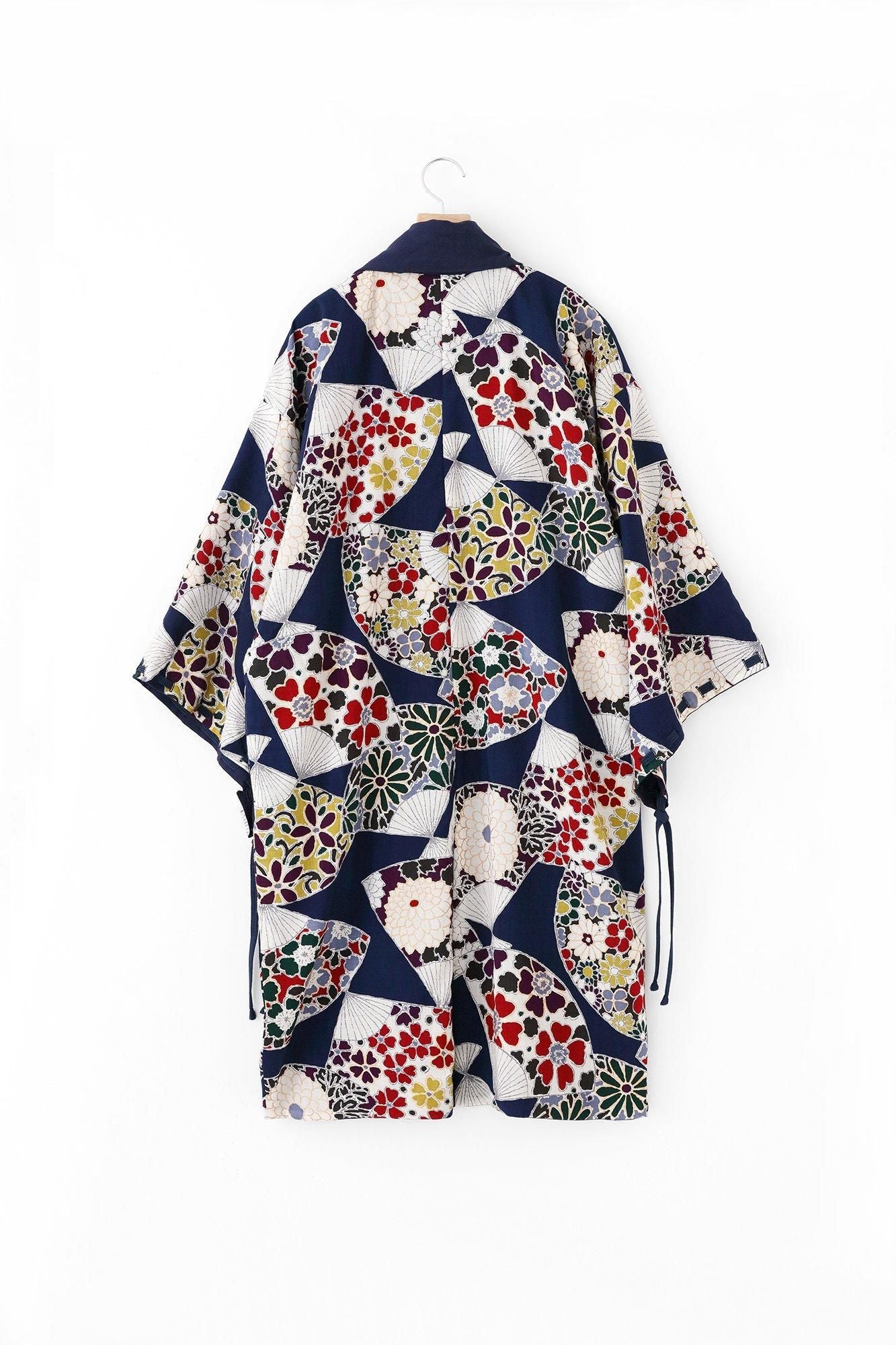 Mousseline, manche impériale, réversible, bleu foncé, fan