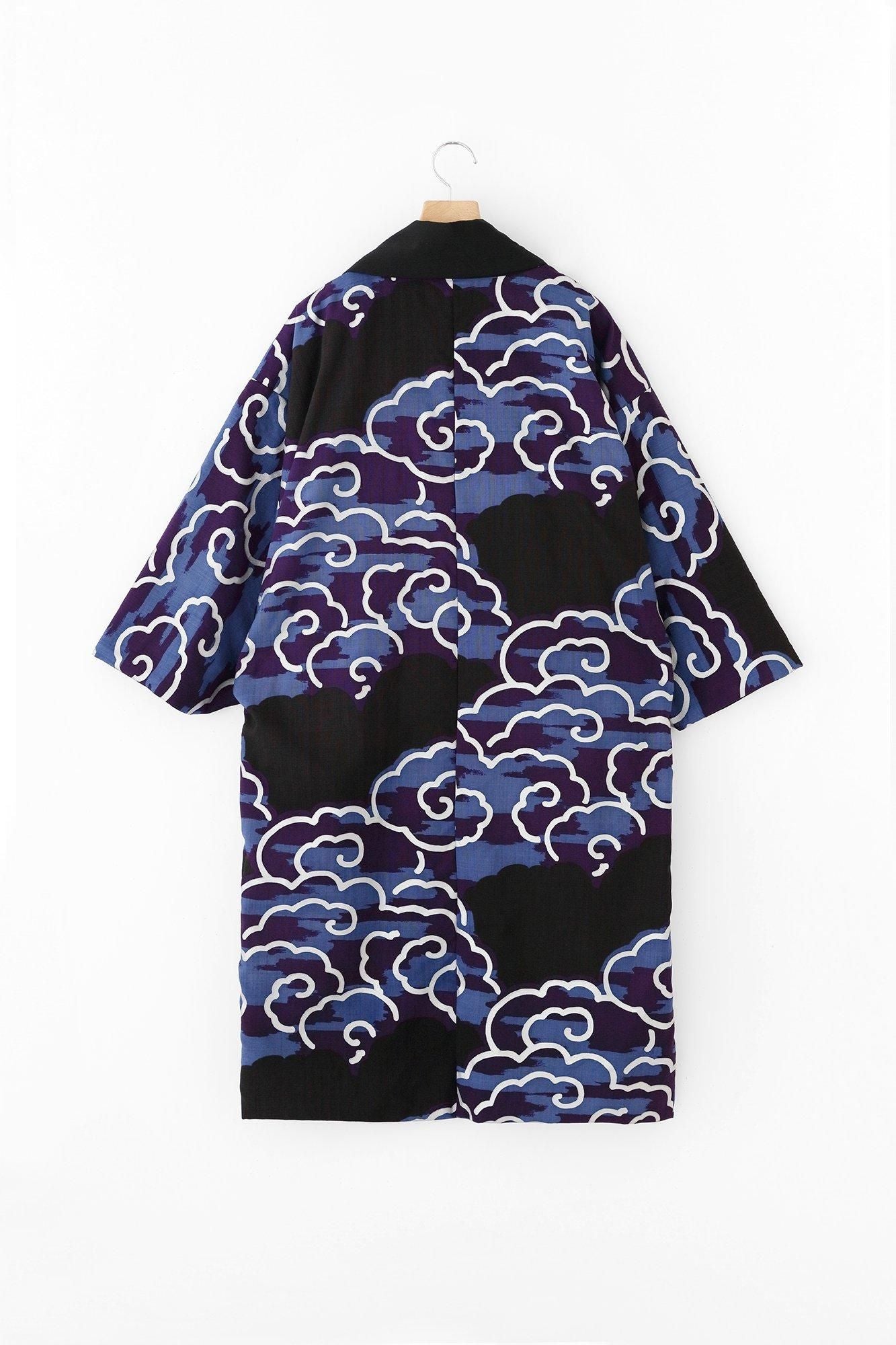 Combed Yarn×Muslin Wool Triangular Sleeve Coat Reversible / Black×Dragon-like Cloud