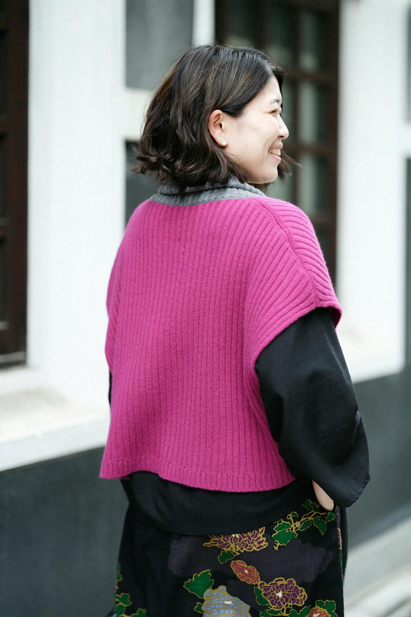 SOU・SOU×ALPHA羊絨混紡背子背心 畝/深粉紅×淡灰色