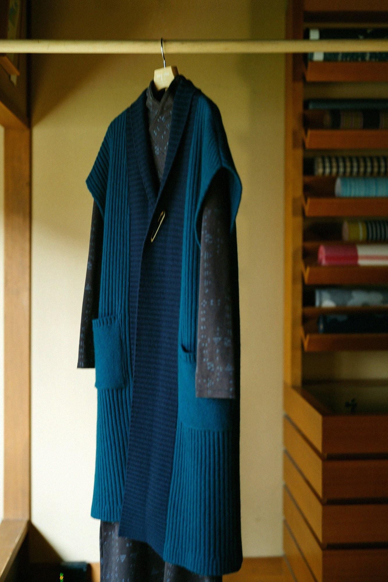 SOU・SOU×ALPHA羊絨混紡背子背心 畝長版/海綠色 ×暗藍色