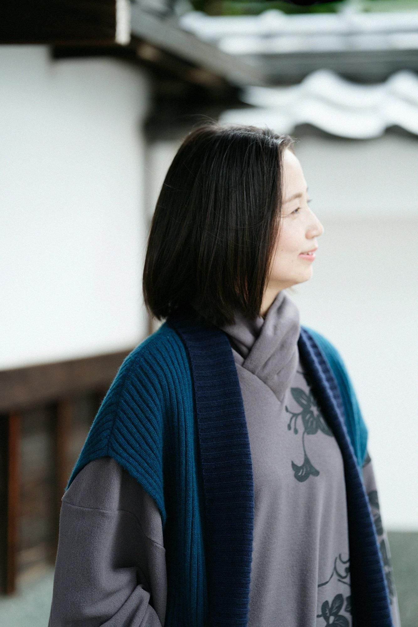 SOU・SOU×ALPHA羊絨混紡背子背心 畝長版/海綠色 ×暗藍色