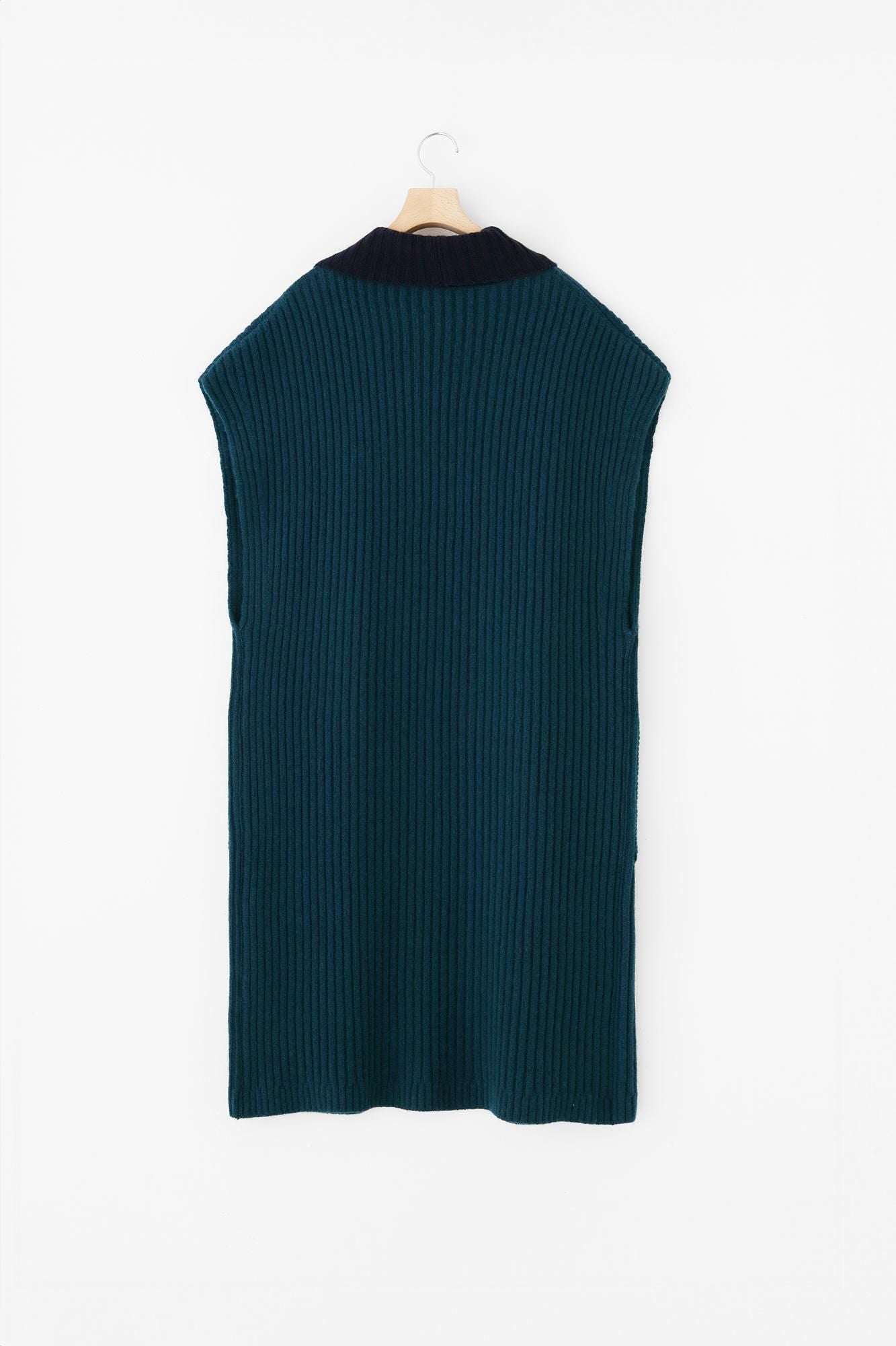 SOU・SOU×ALPHA羊絨混紡背子背心 畝長版/海綠色 ×暗藍色