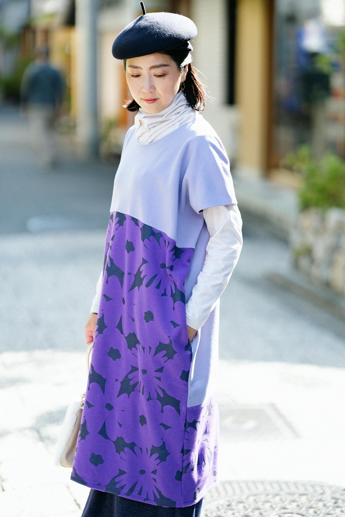 壓縮雙面編長方形洋裝雙色下襬圖案/淺粉紫色×落落大方