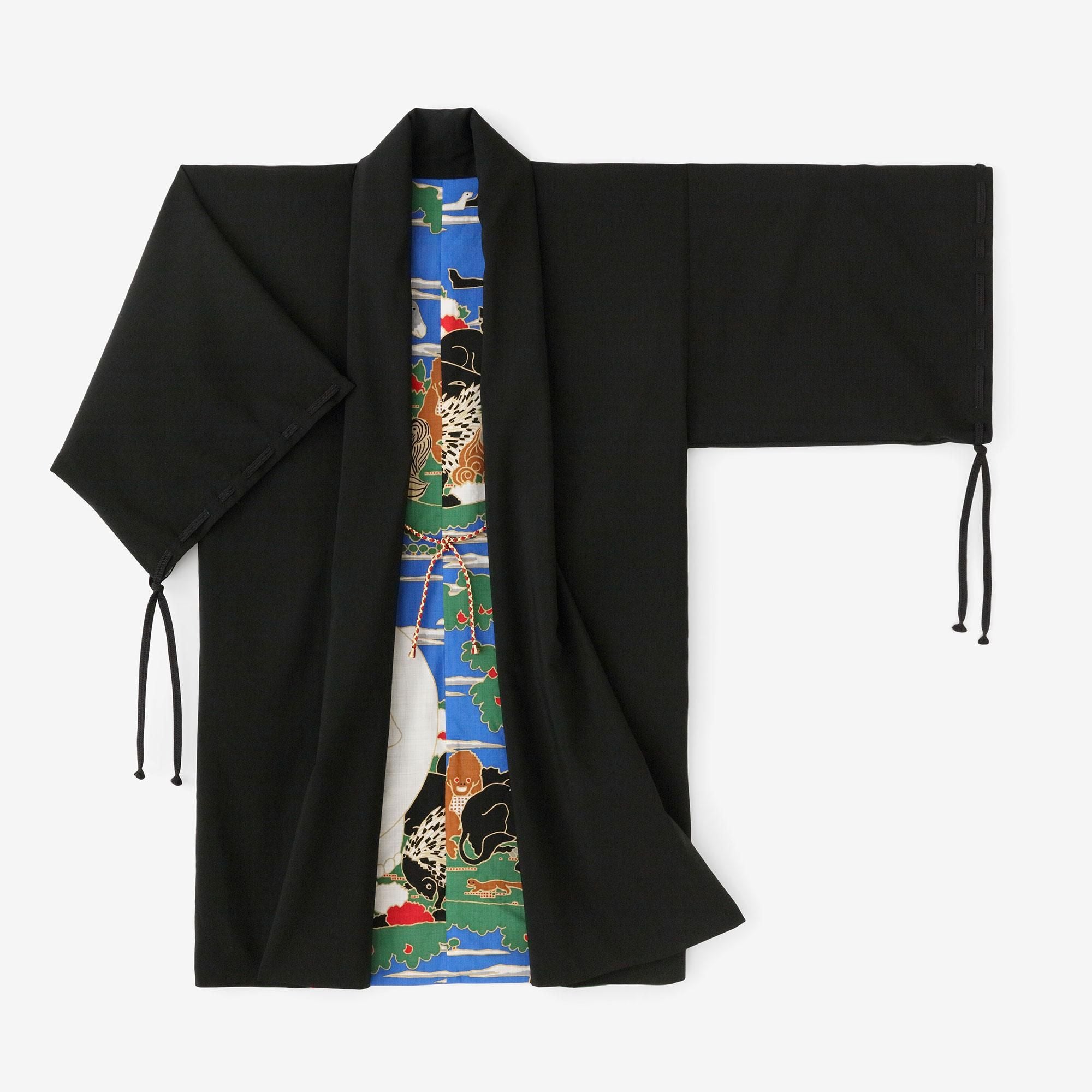 梳毛(そもう)×モスリン 宮中袖(きゅうちゅうそで) 可逆(かぎゃく)/濡羽色(ぬればいろ)×若冲 鳥獣花木図屏風(ちょうじゅうかぼくずびょうぶ) 写し2