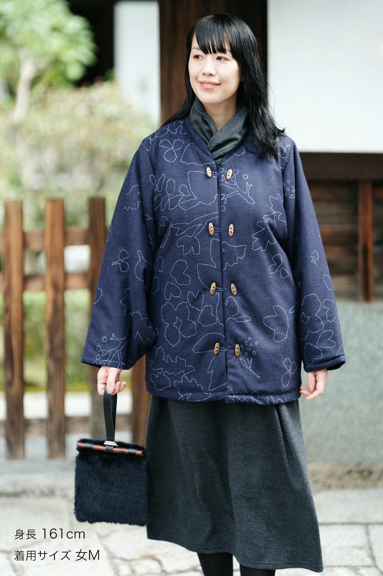 Kersey粗織布 圓弧袖唐羽織外套 夾棉 附裡襯/里山 搖曳 深藍色