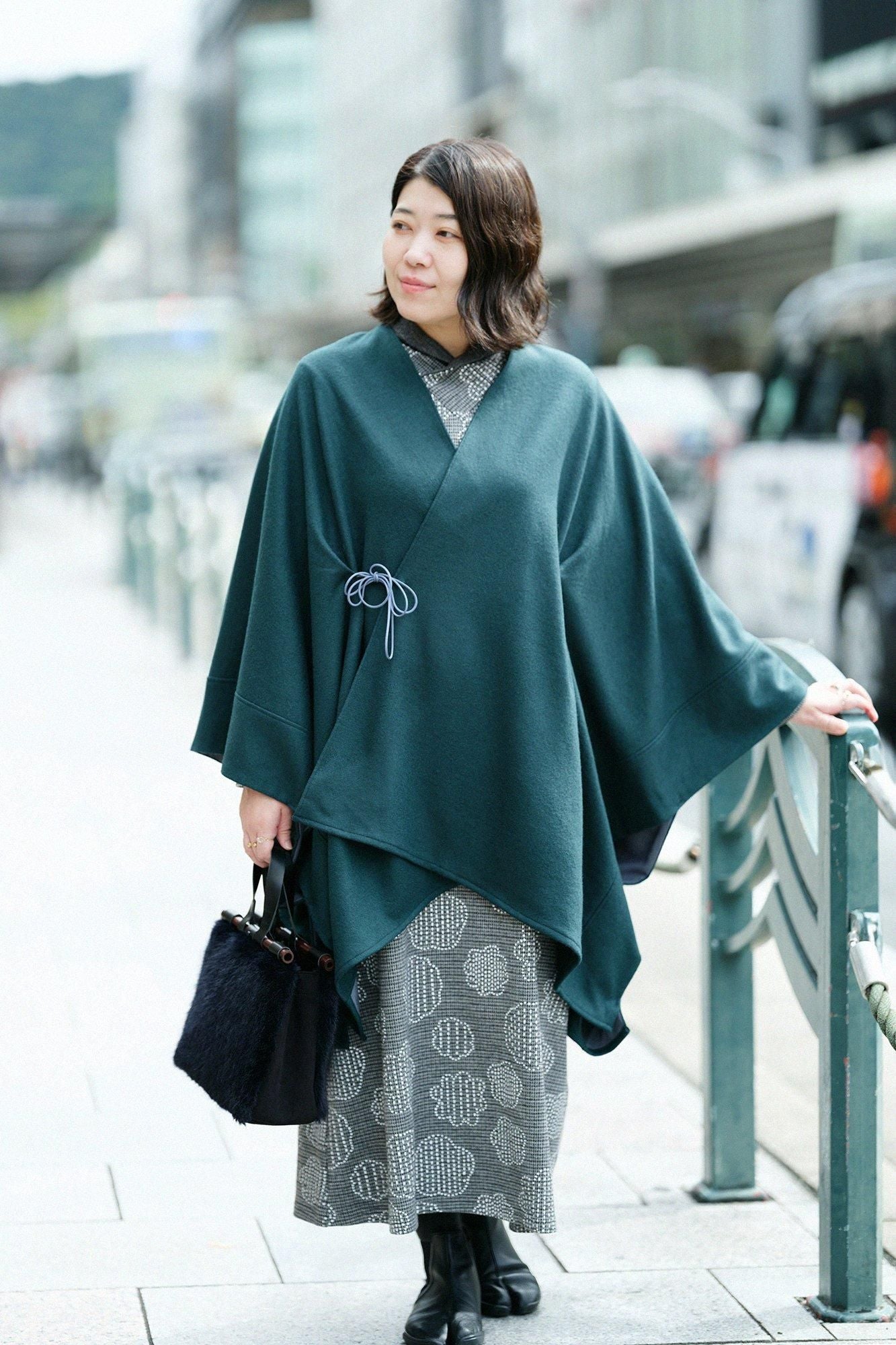 棉毛混紡千鳥格紋編半衿秋聲 高領上衣/青花墨色