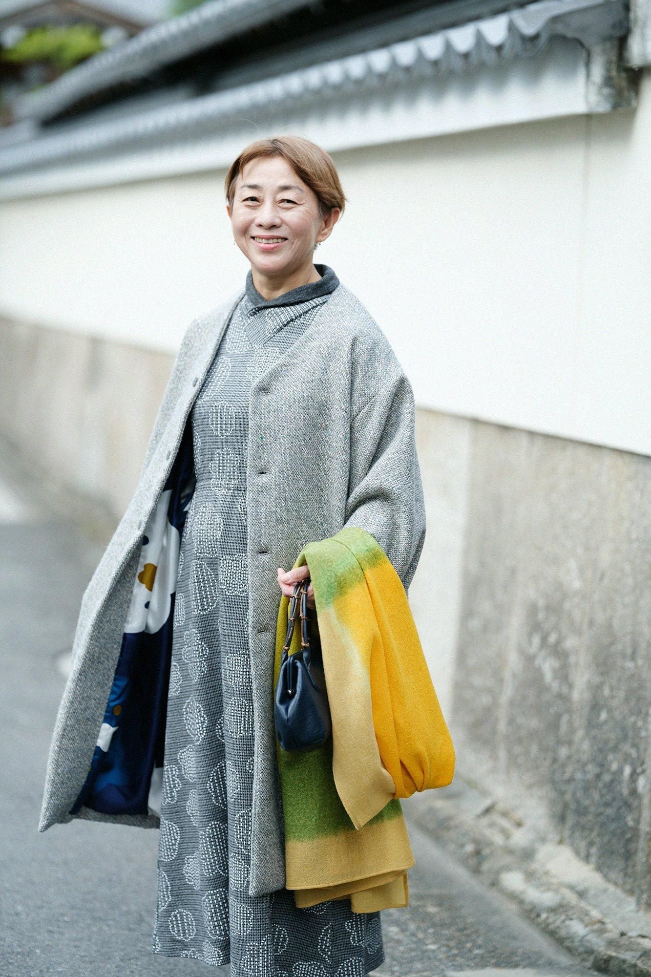 棉毛混紡千鳥格紋編半衿秋聲 高領上衣/青花墨色