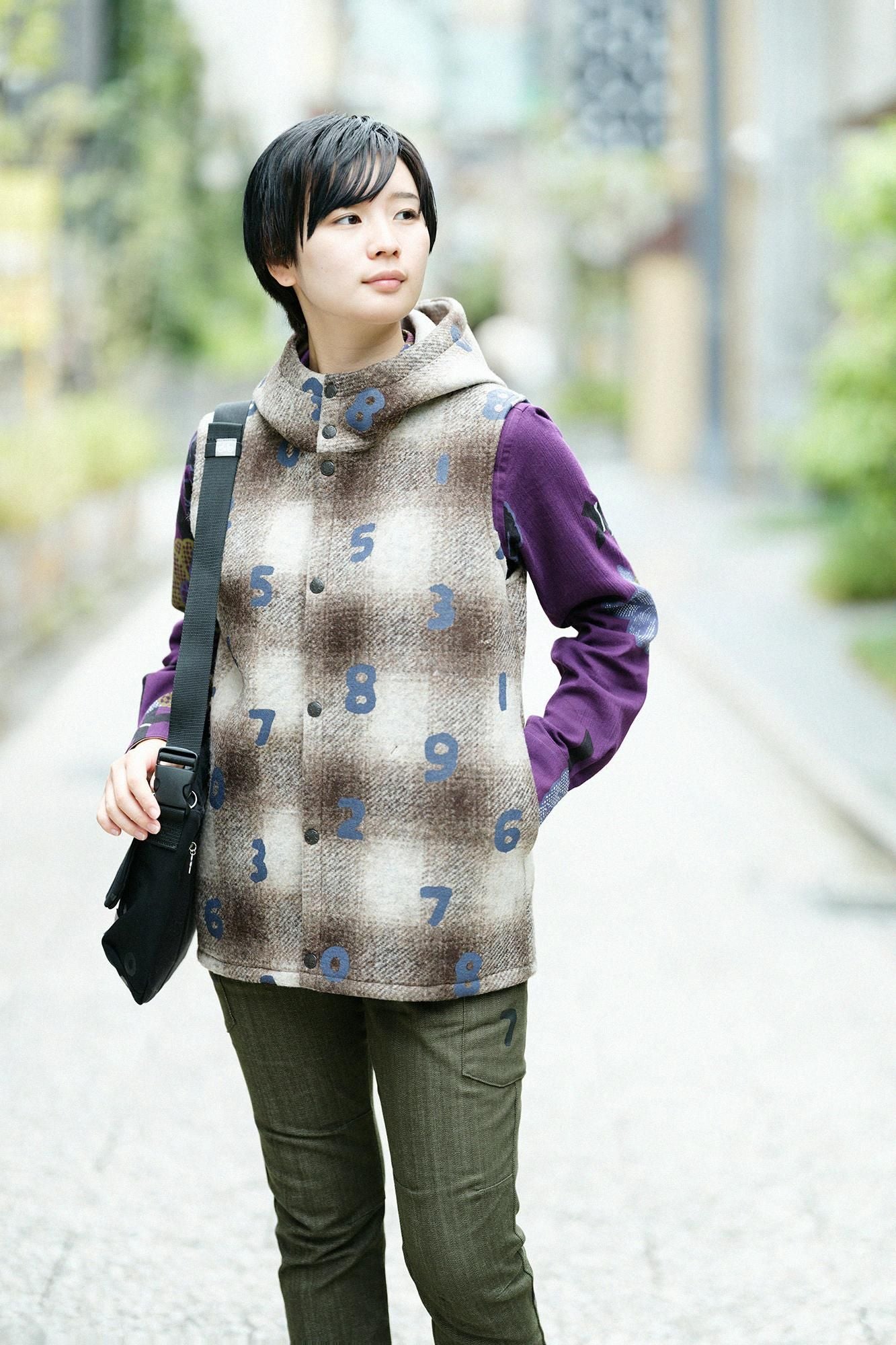 【◯预购】黏合针织BIKE连帽背心/SO-SU-U十数棕色霞格纹(※预计于12月2日左右发货)