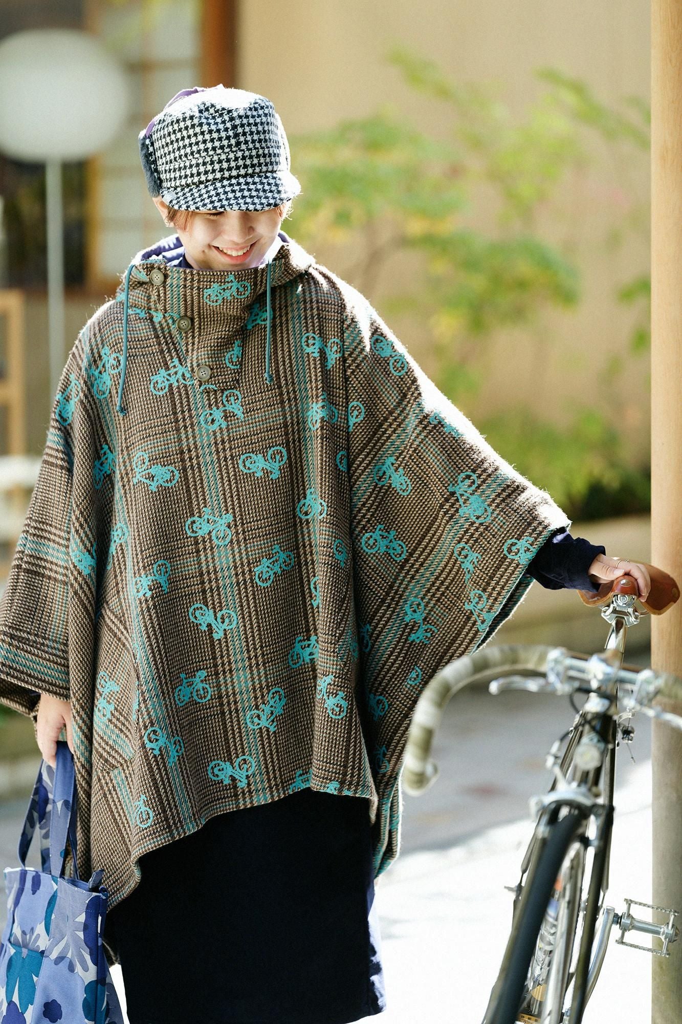 Wool Tweed BIKE Poncho/Bicycle Craze Everywhere and Blank Brown Check