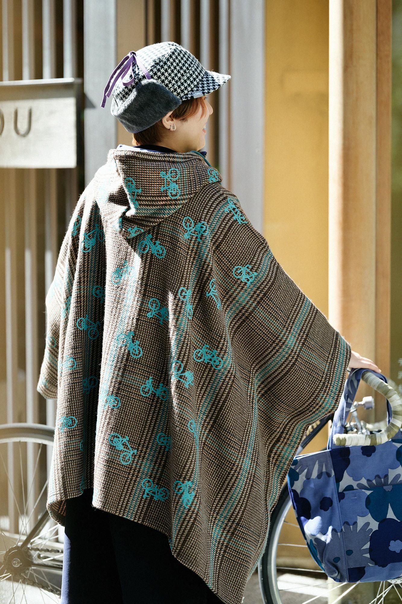 Wool Tweed BIKE Poncho/Bicycle Craze Everywhere and Blank Brown Check