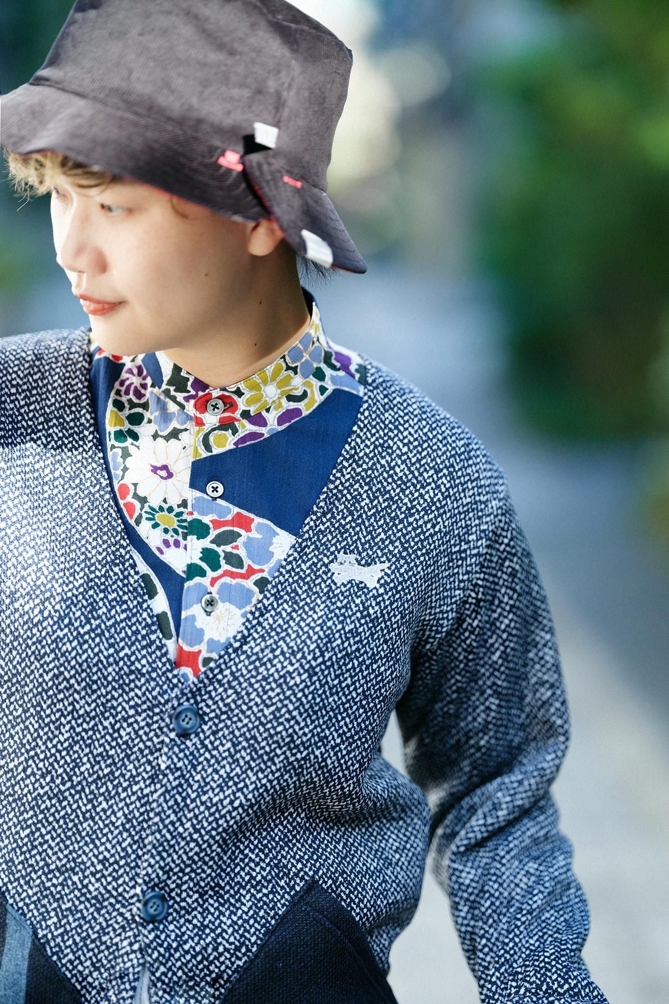 內起絨斜紋針織HWS開襟外套/白色/海軍藍x鳶