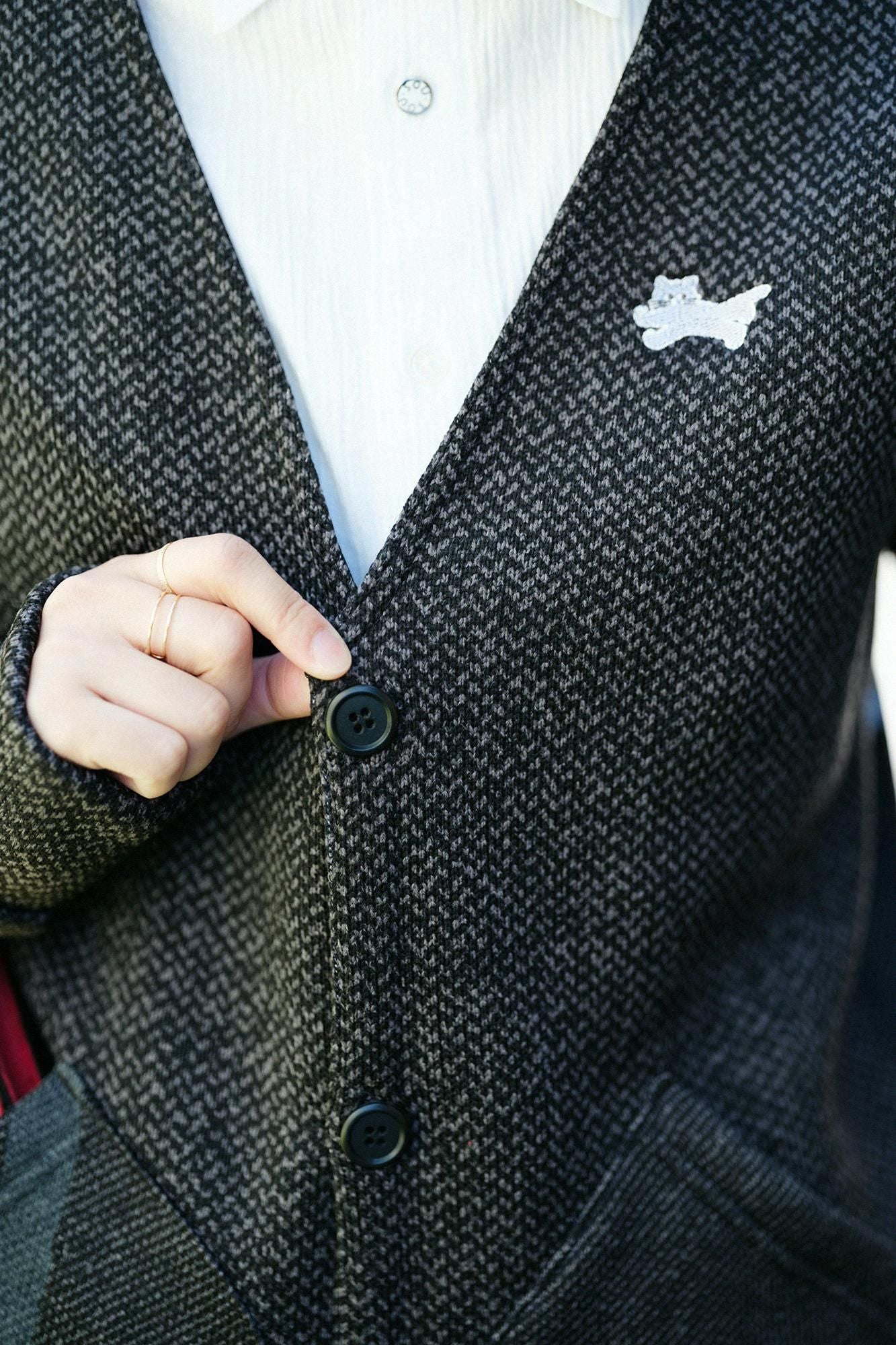 裏起毛ツイルニット H.W.S カーディガン/ブラック・グレー×鳶(とび)