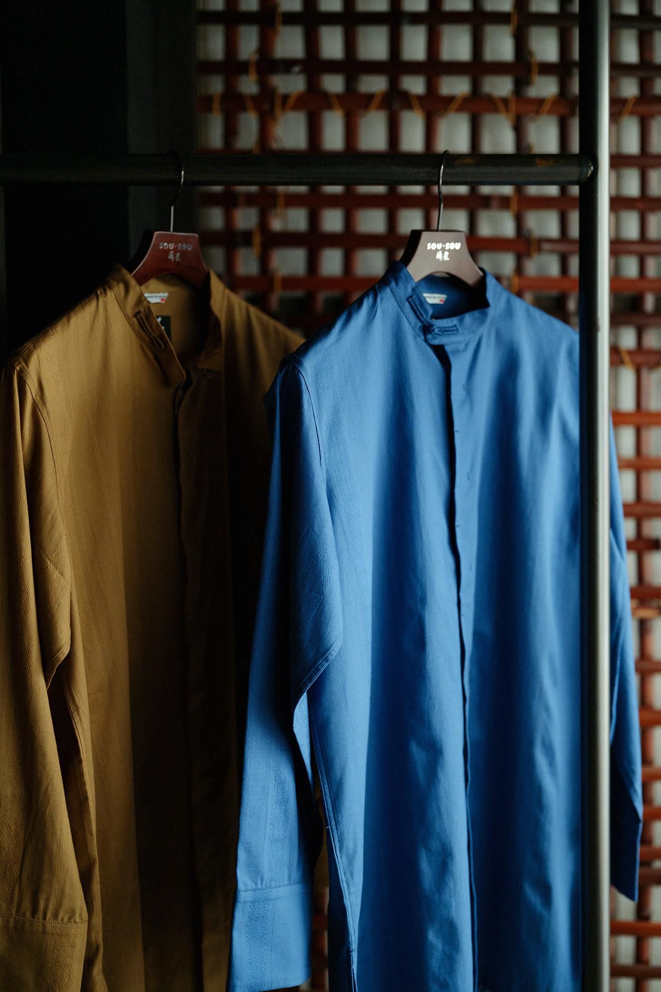 Striped goods Round Collar Long Shirt / Greyish Blue