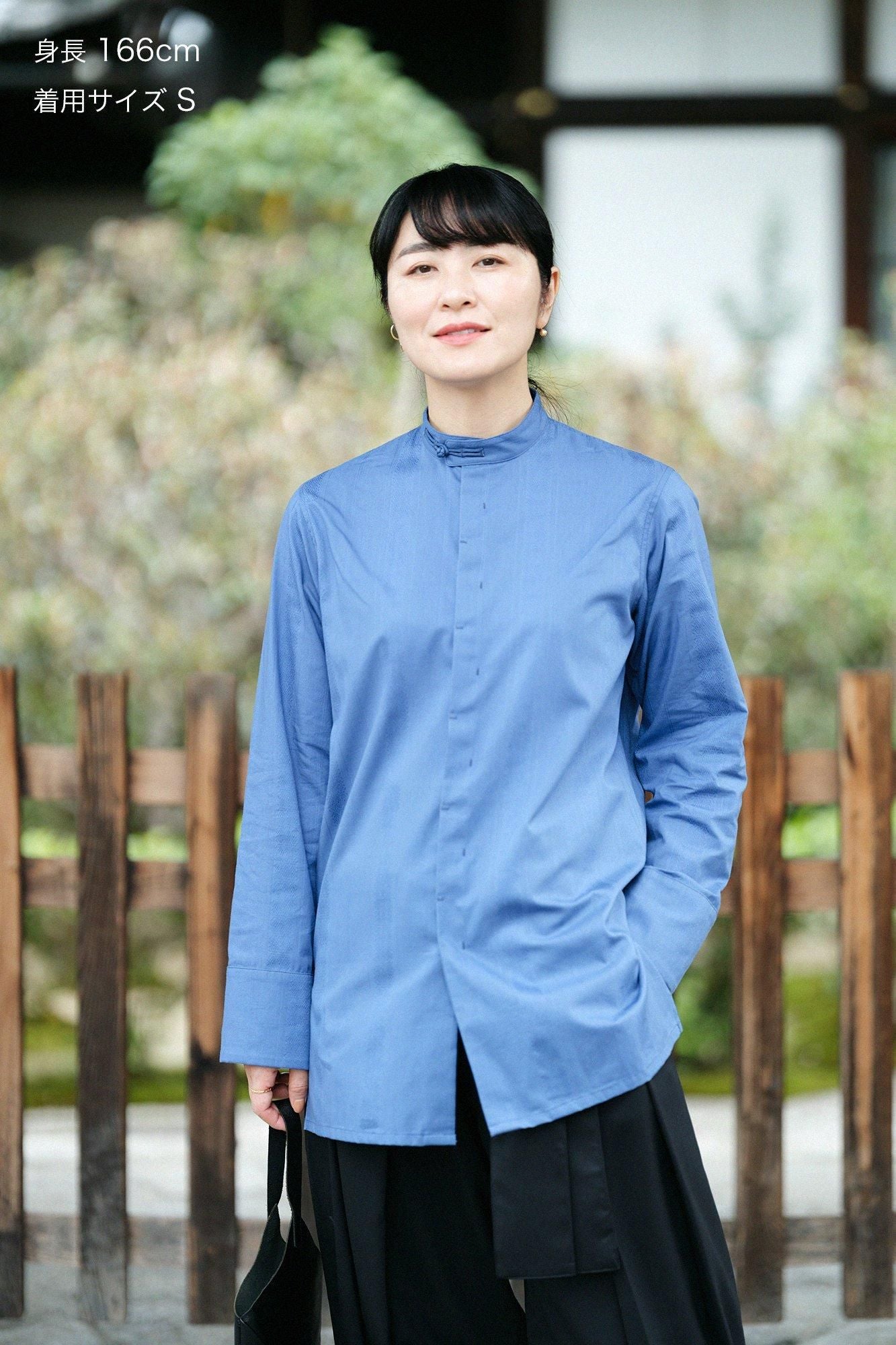Striped goods Round Collar Long Shirt / Greyish Blue