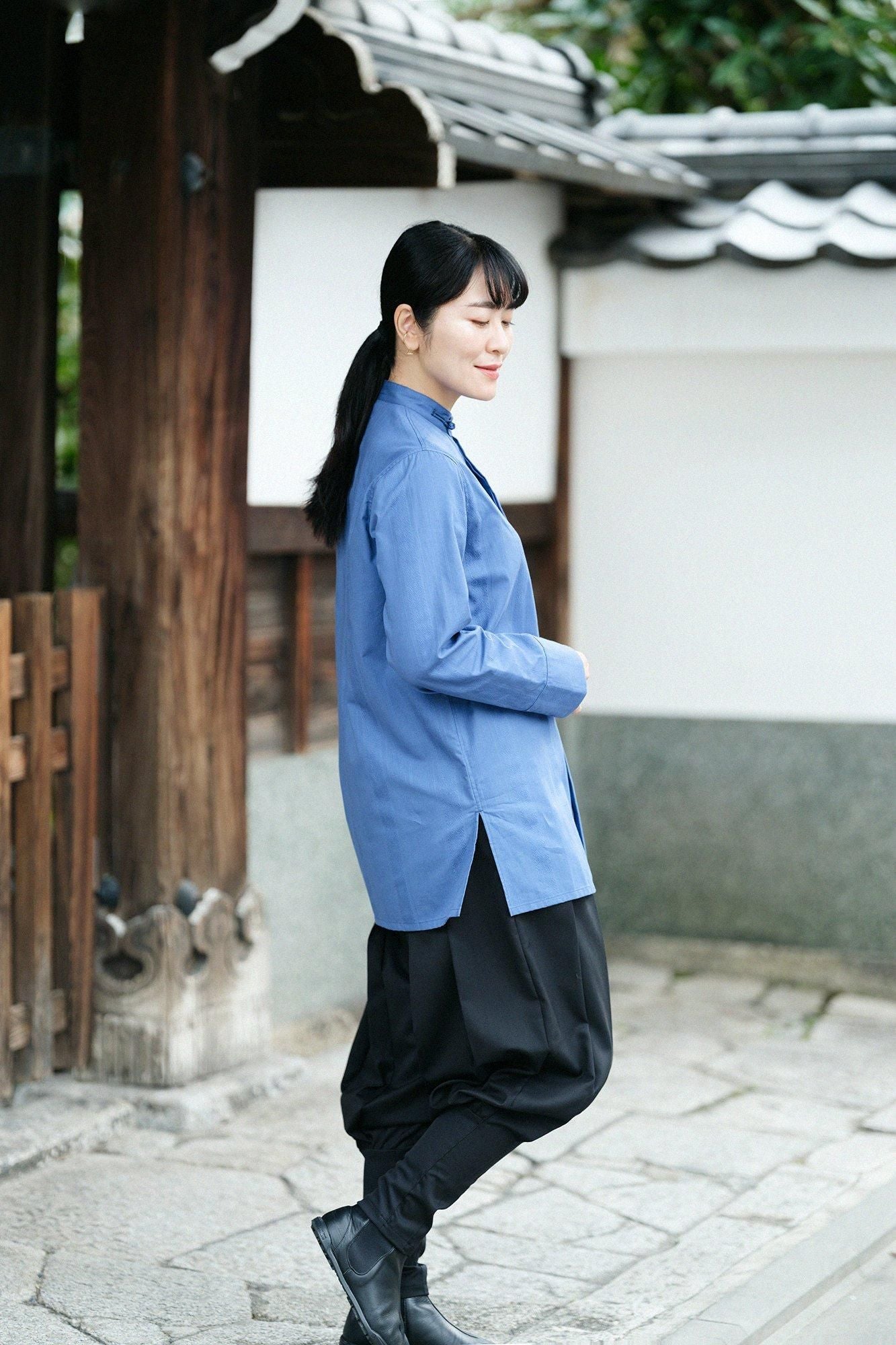 Striped goods Round Collar Long Shirt / Greyish Blue