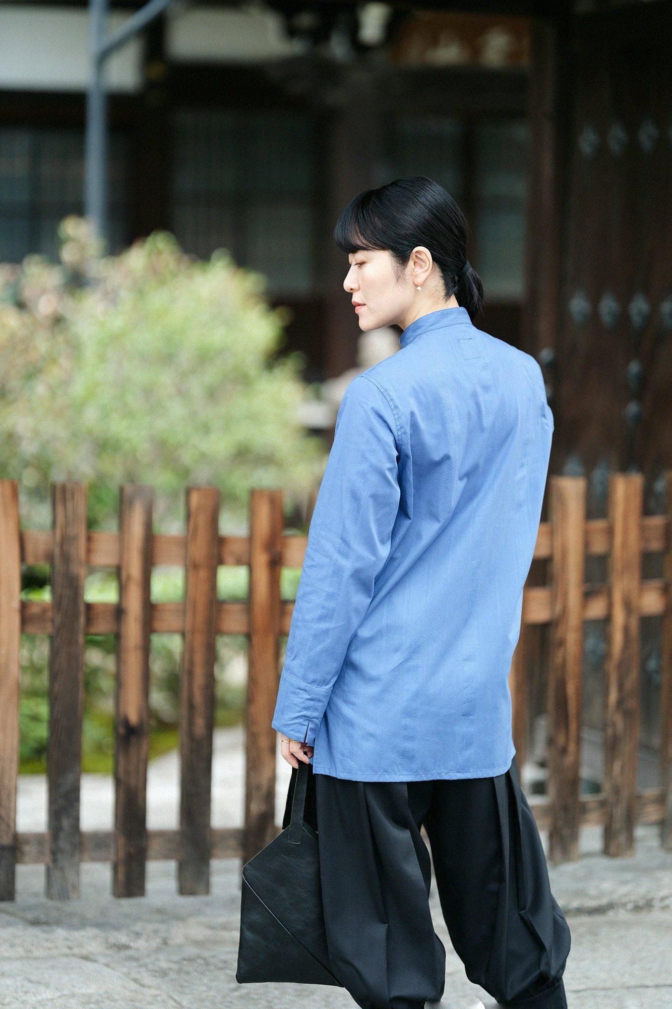 Striped goods Round Collar Long Shirt / Greyish Blue