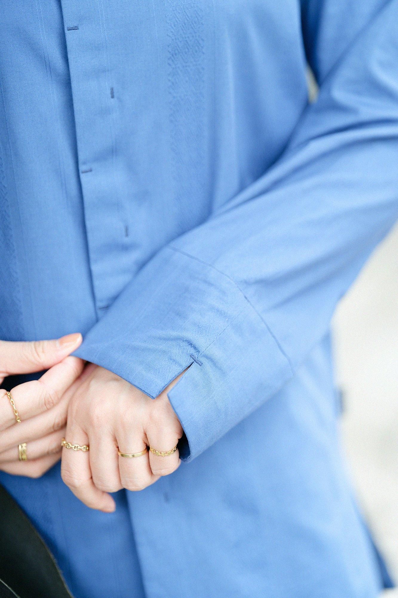 Striped goods Round Collar Long Shirt / Greyish Blue