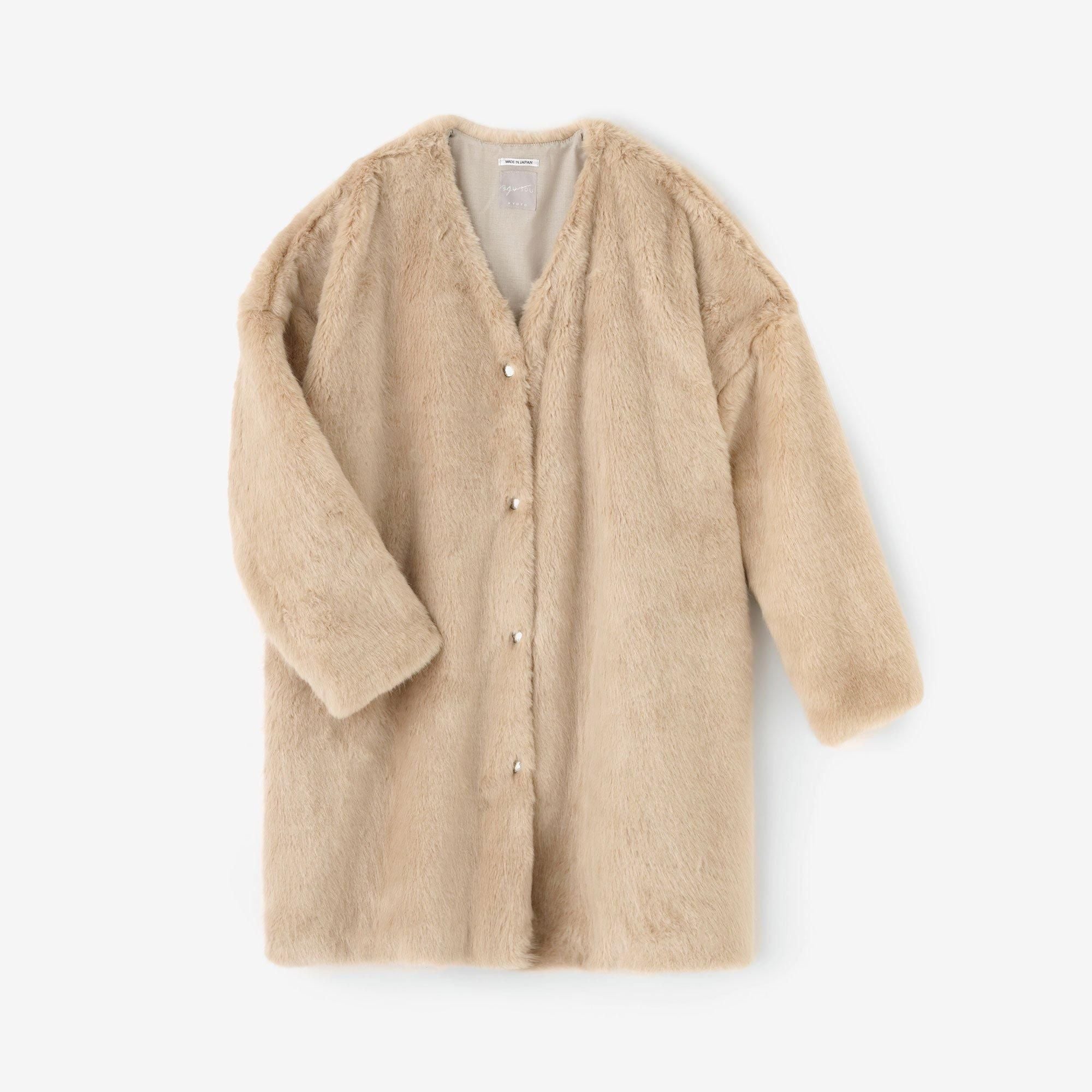 Faux Fur V-neck Light Tunic Coat/Beige