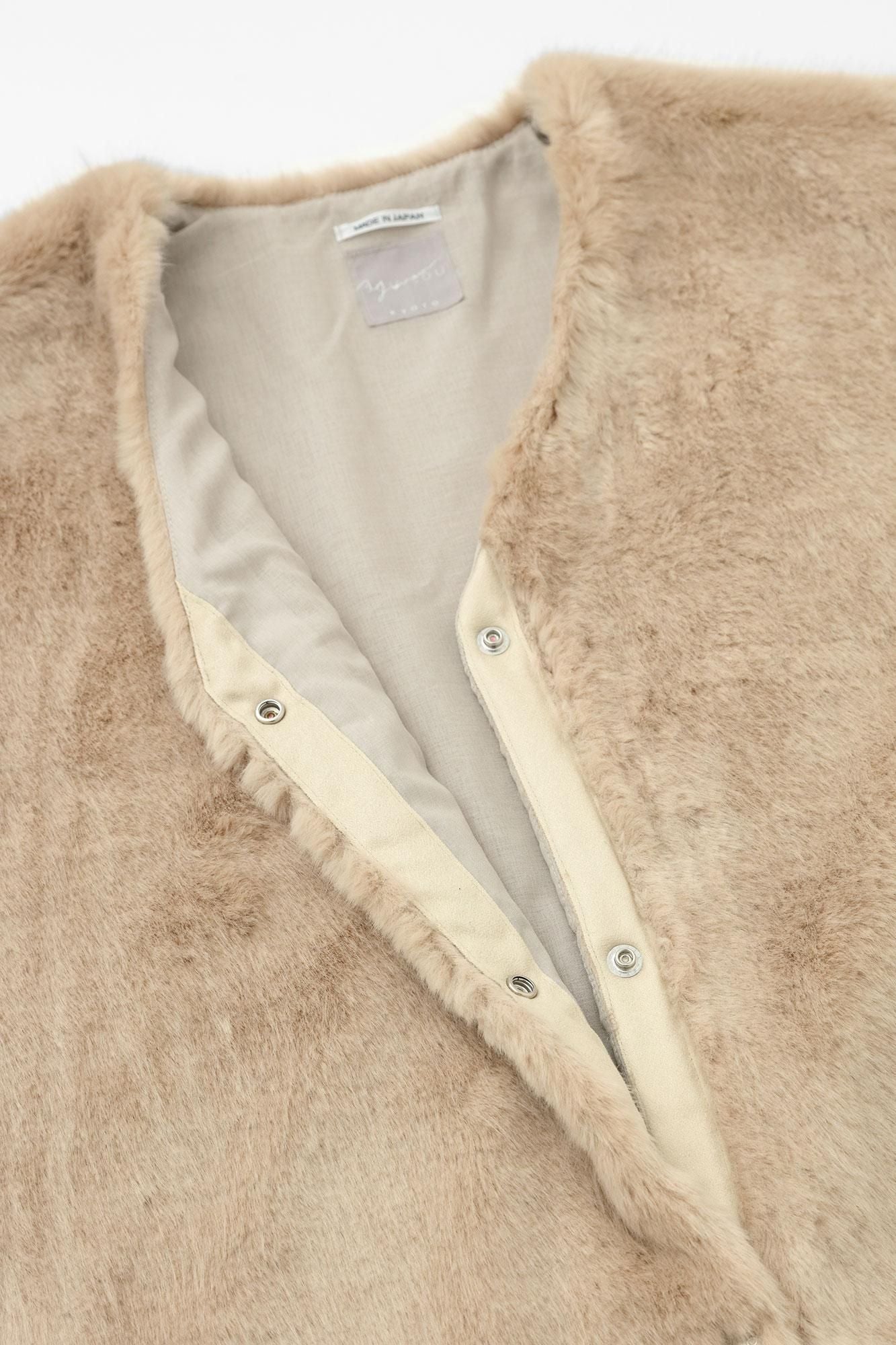 Faux Fur V-neck Light Tunic Coat/Beige