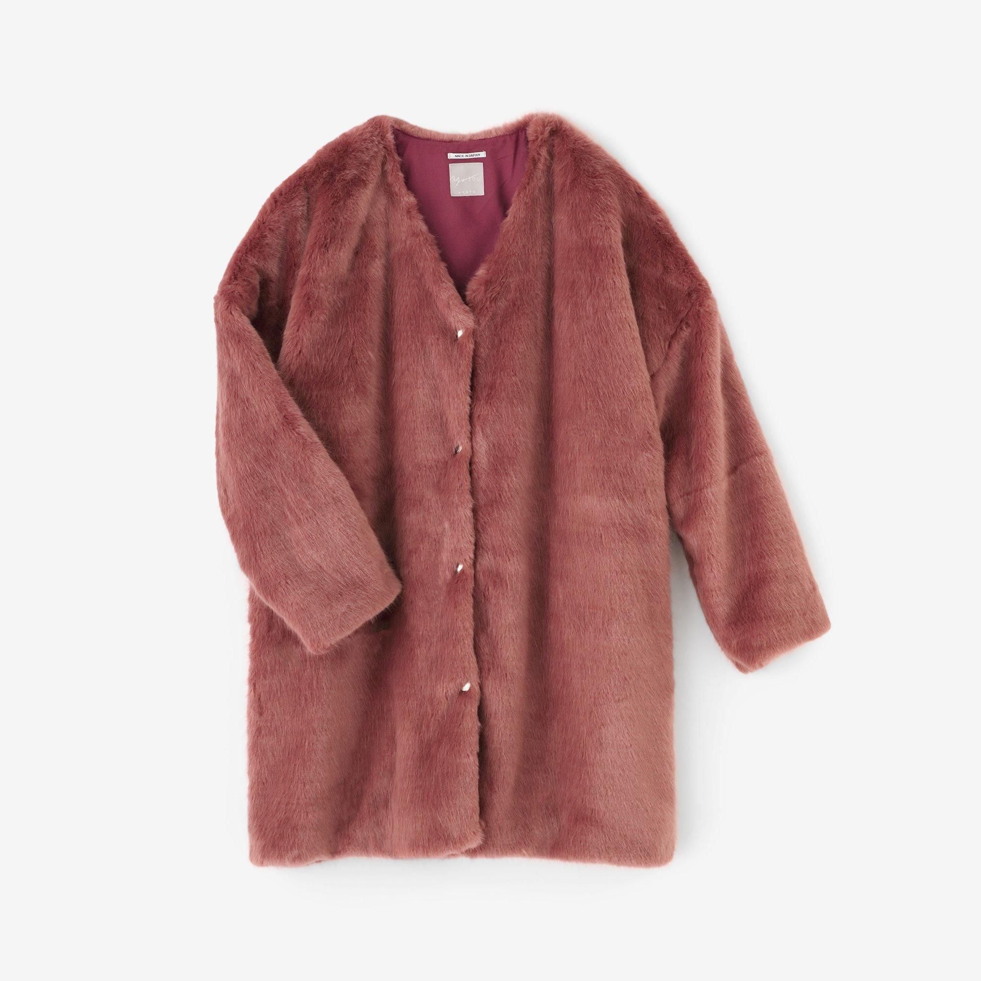 Faux Fur V-neck Light Tunic Coat/Sappanwood Brown