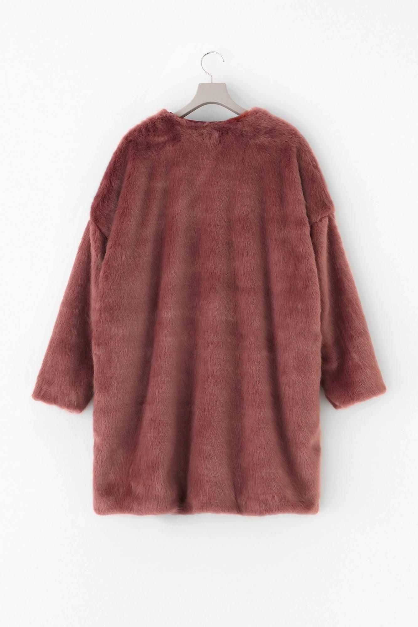 Faux Fur V-neck Light Tunic Coat/Sappanwood Brown