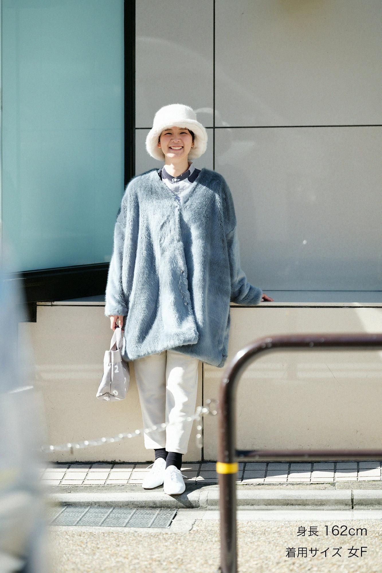 フェイクファー Vネック ライトチュニックコート/水浅葱(みずあさぎ)