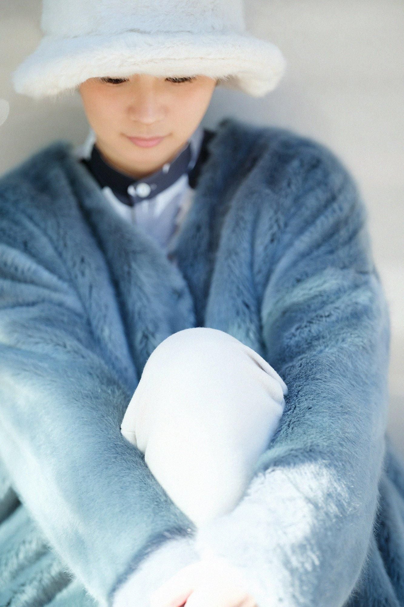 フェイクファー Vネック ライトチュニックコート/水浅葱(みずあさぎ)