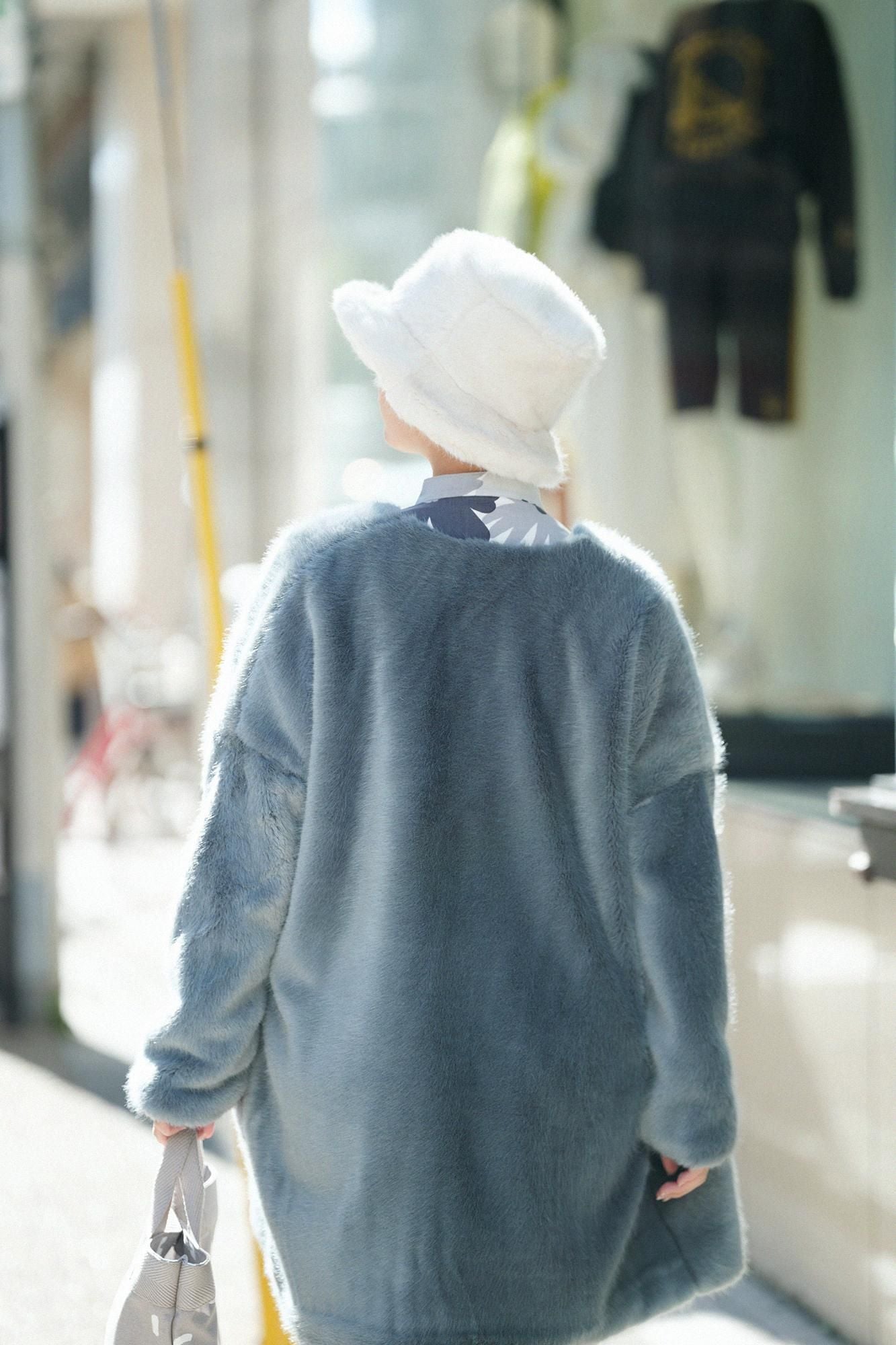 フェイクファー Vネック ライトチュニックコート/水浅葱(みずあさぎ)