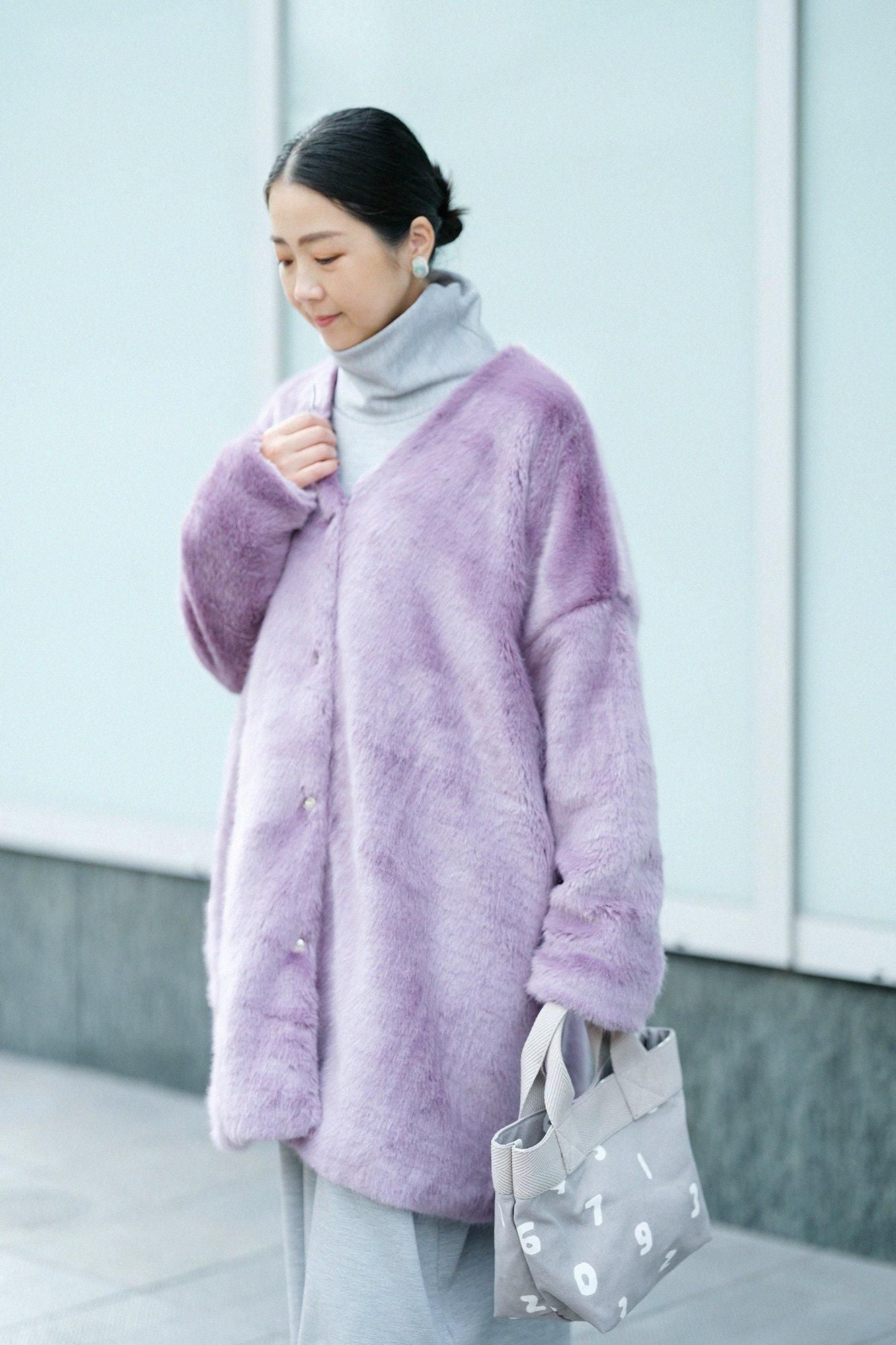 フェイクファー Vネック ライトチュニックコート/藤紫(ふじむらさき)
