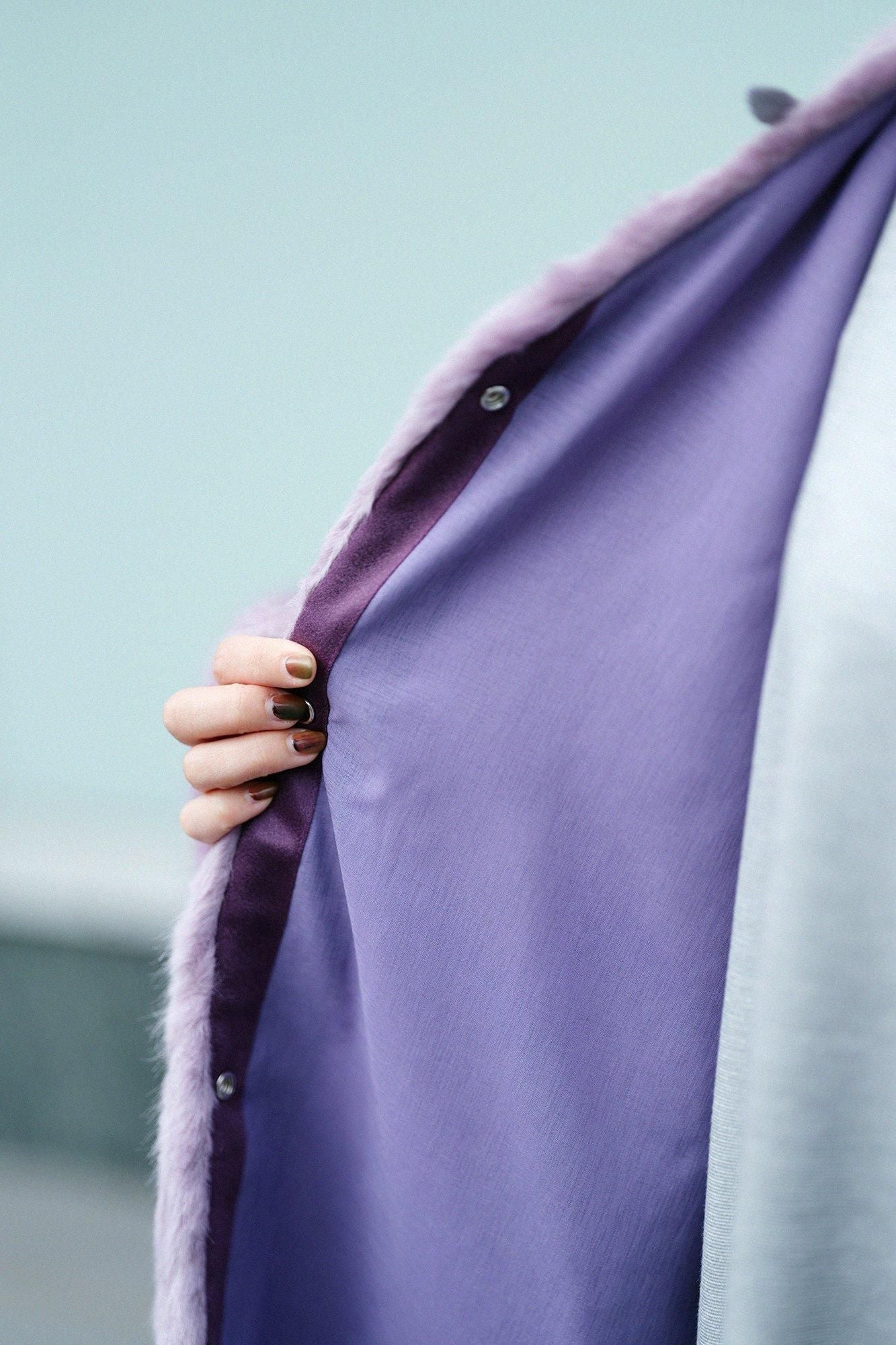 フェイクファー Vネック ライトチュニックコート/藤紫(ふじむらさき)