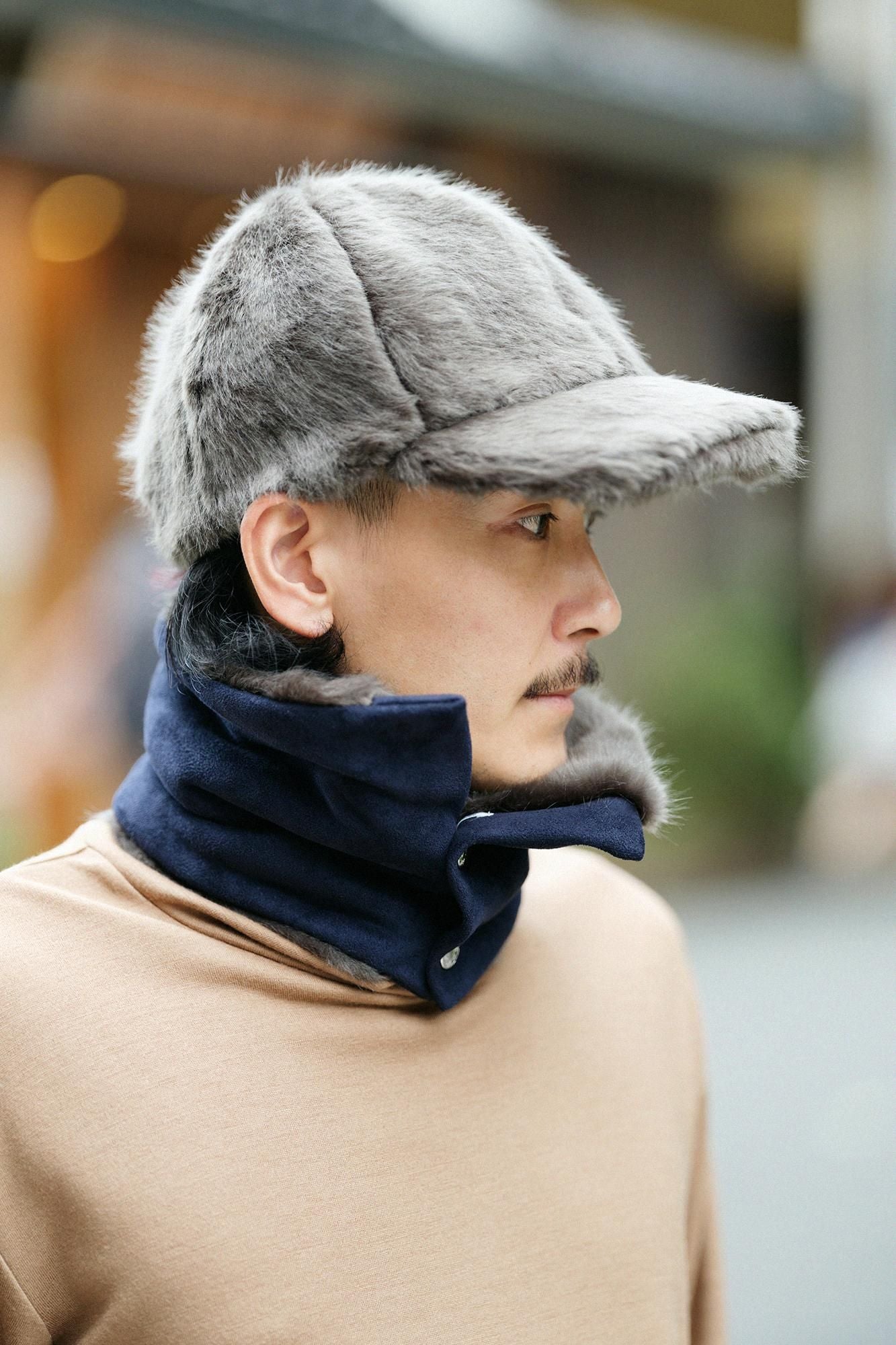 【預購】人造毛皮 雙面用短圍巾/暗藍色×深灰色(※預計於12月9日左右發貨)