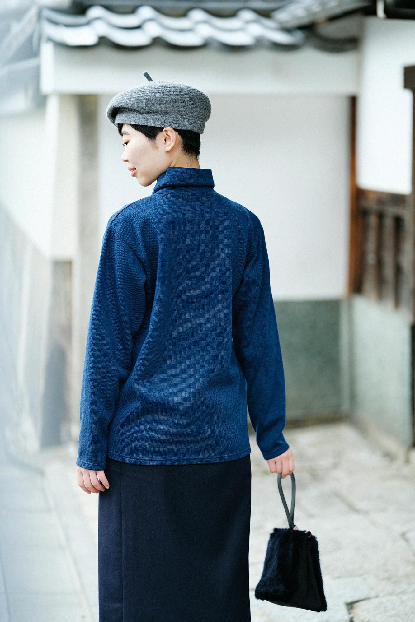 紡毛針織高領上衣/寶藍色