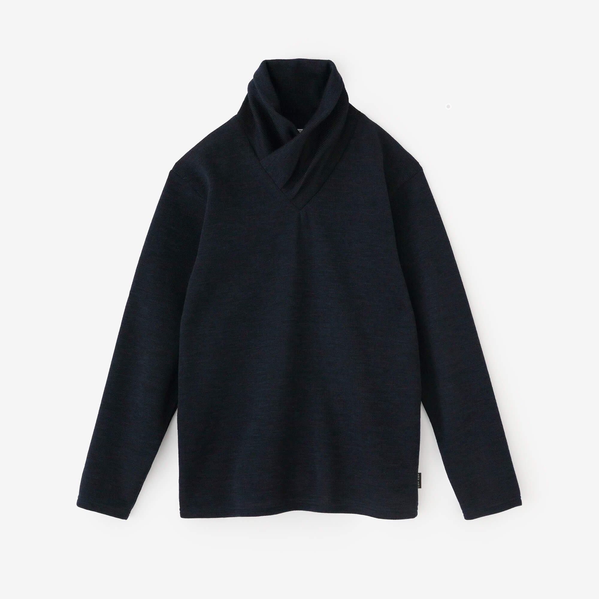 紡毛針織高領上衣/深藍色