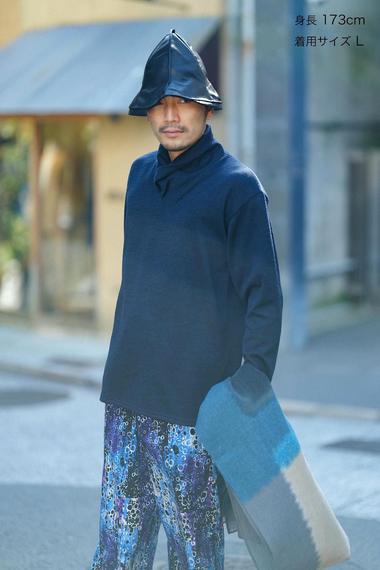 紡毛針織高領上衣/深藍色