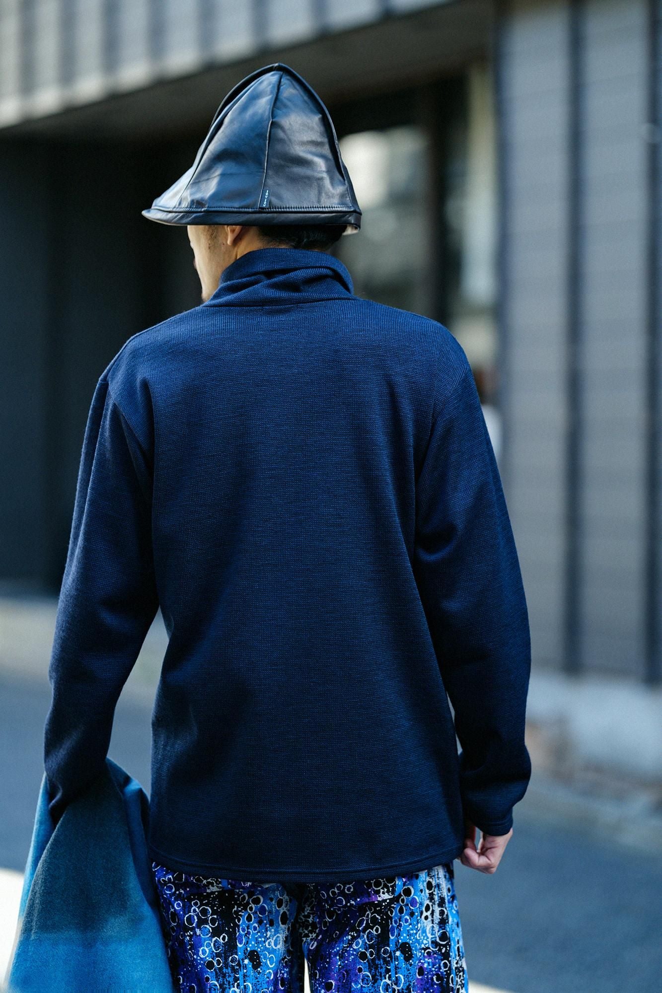 紡毛針織高領上衣/深藍色