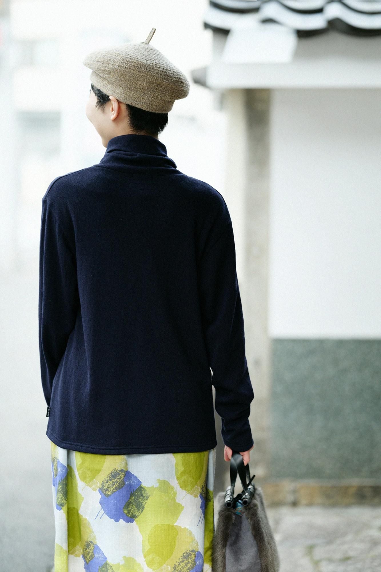 內起絨 梳毛針織 高領上衣/暗藍色