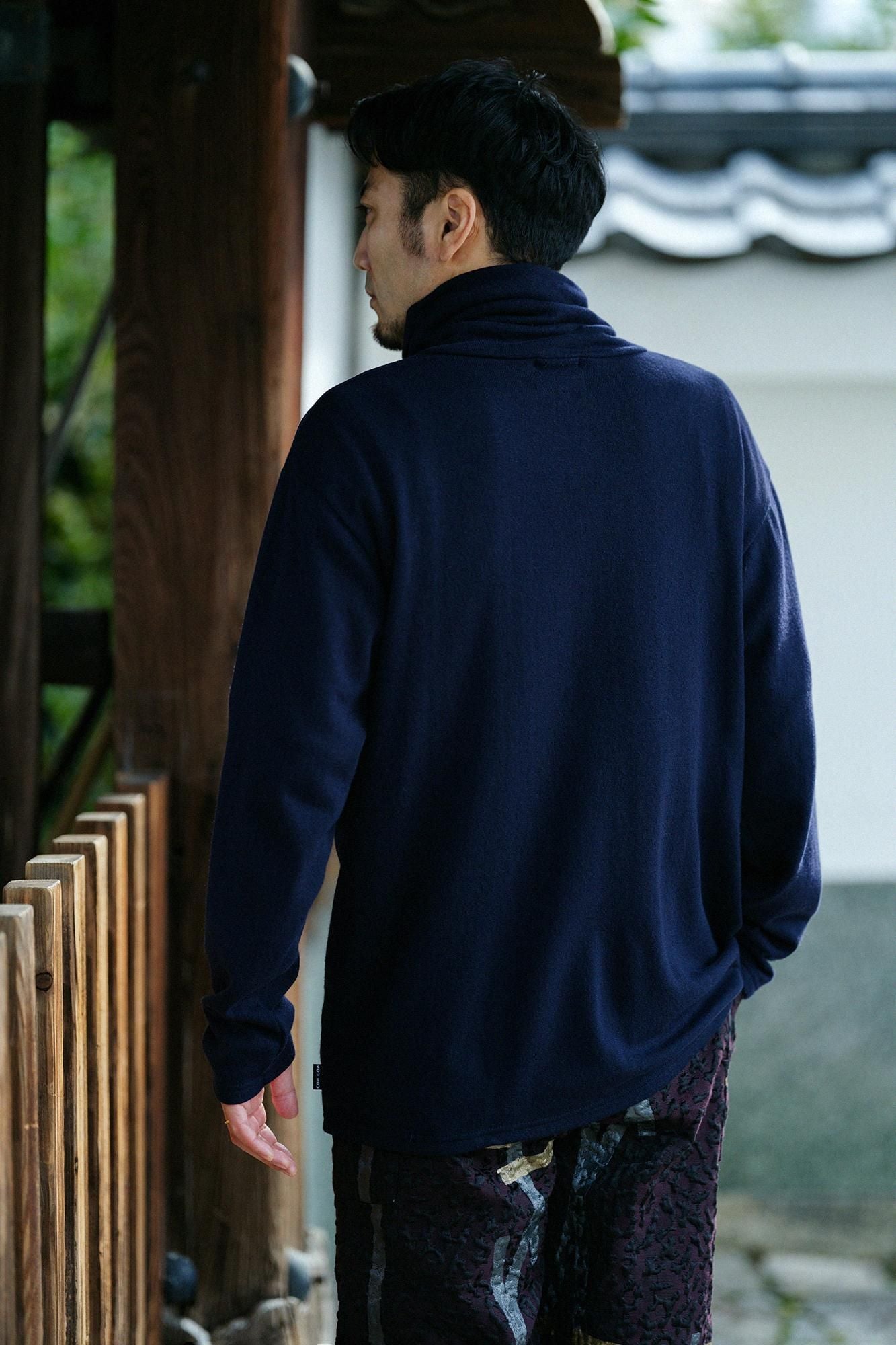 內起絨 梳毛針織 高領上衣/暗藍色