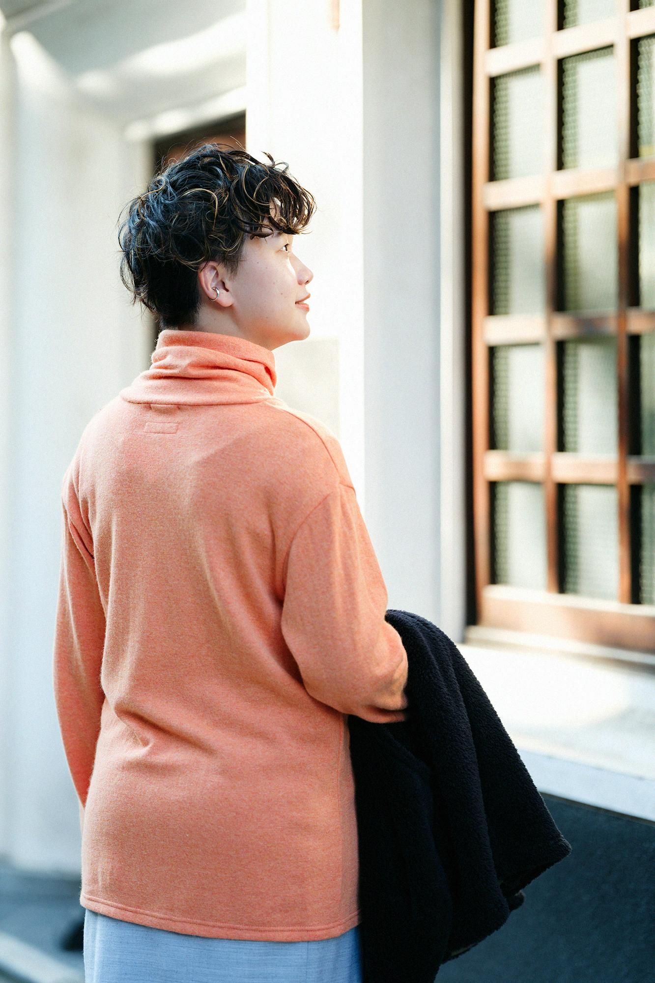 內起絨 梳毛針織 高領上衣/蜜柑色