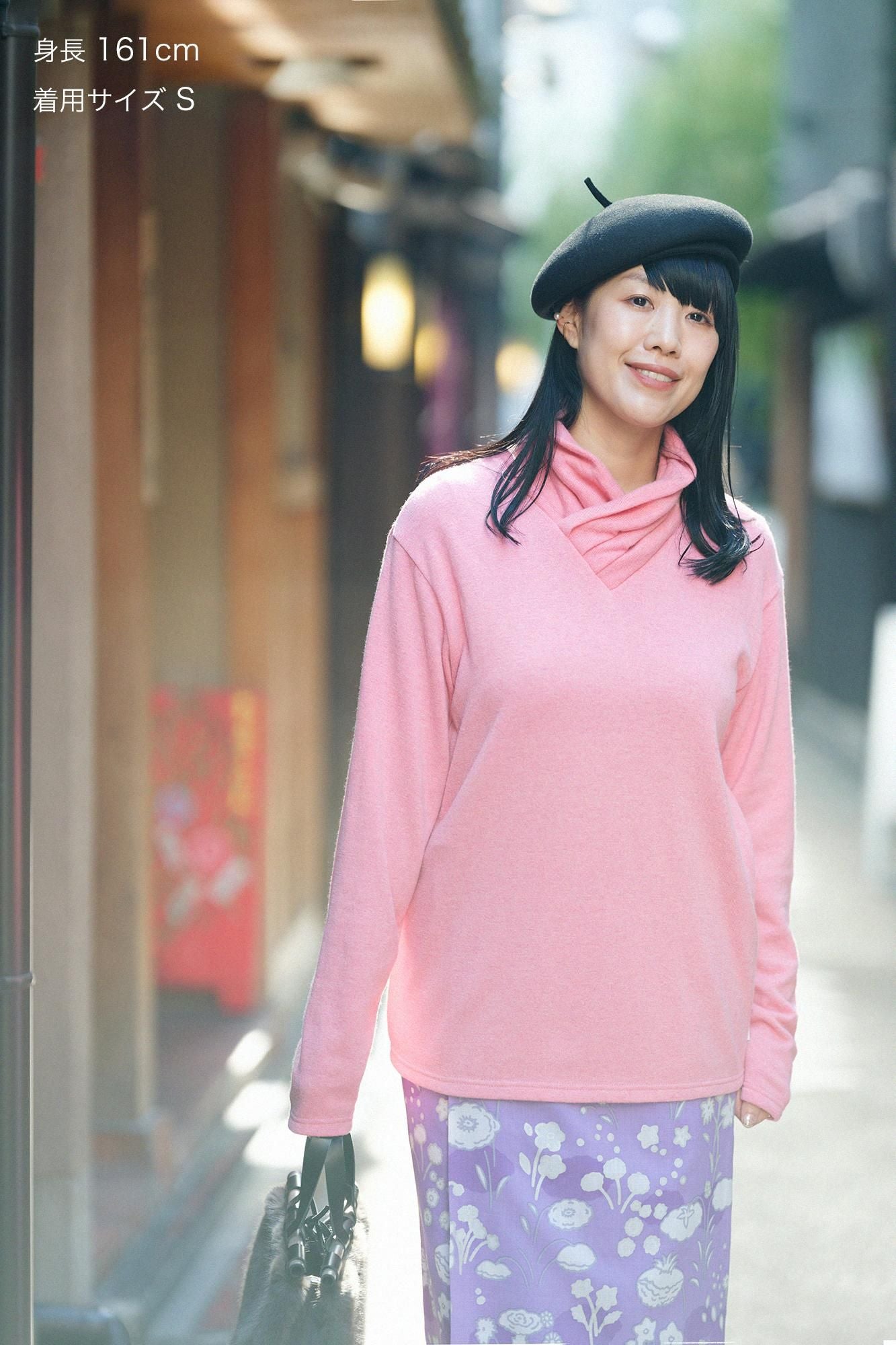 內起絨 梳毛針織 高領上衣/粉紅色