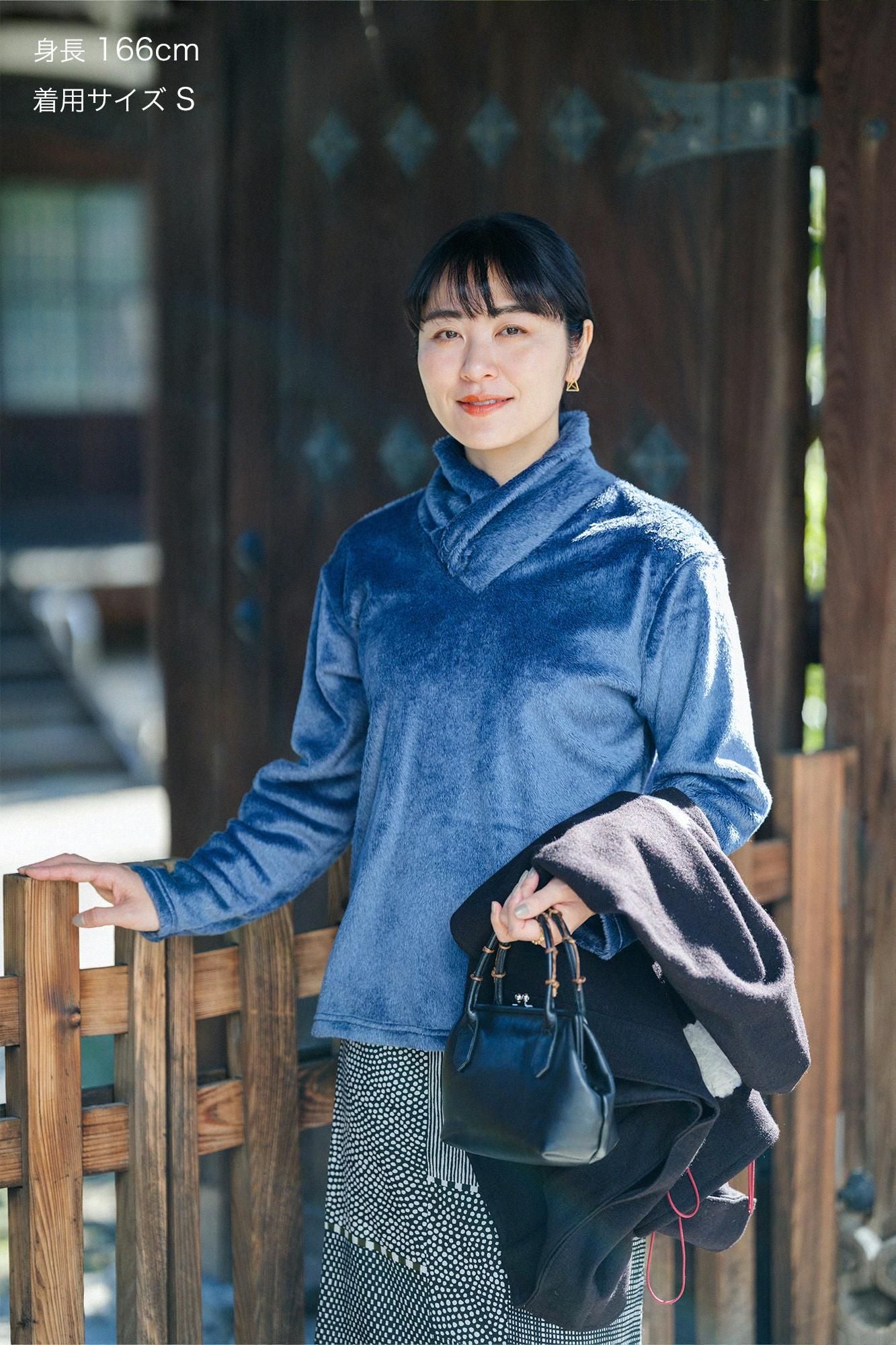 仿海狸毛仿毛 高領上衣/.藍褐色