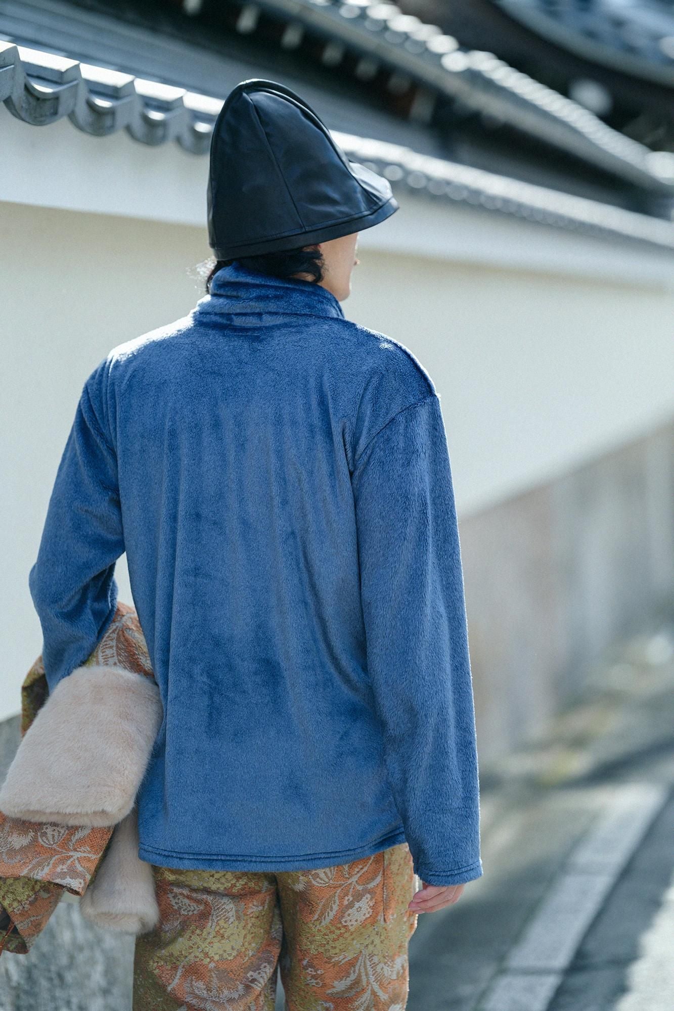 仿海狸毛仿毛 高領上衣/.藍褐色