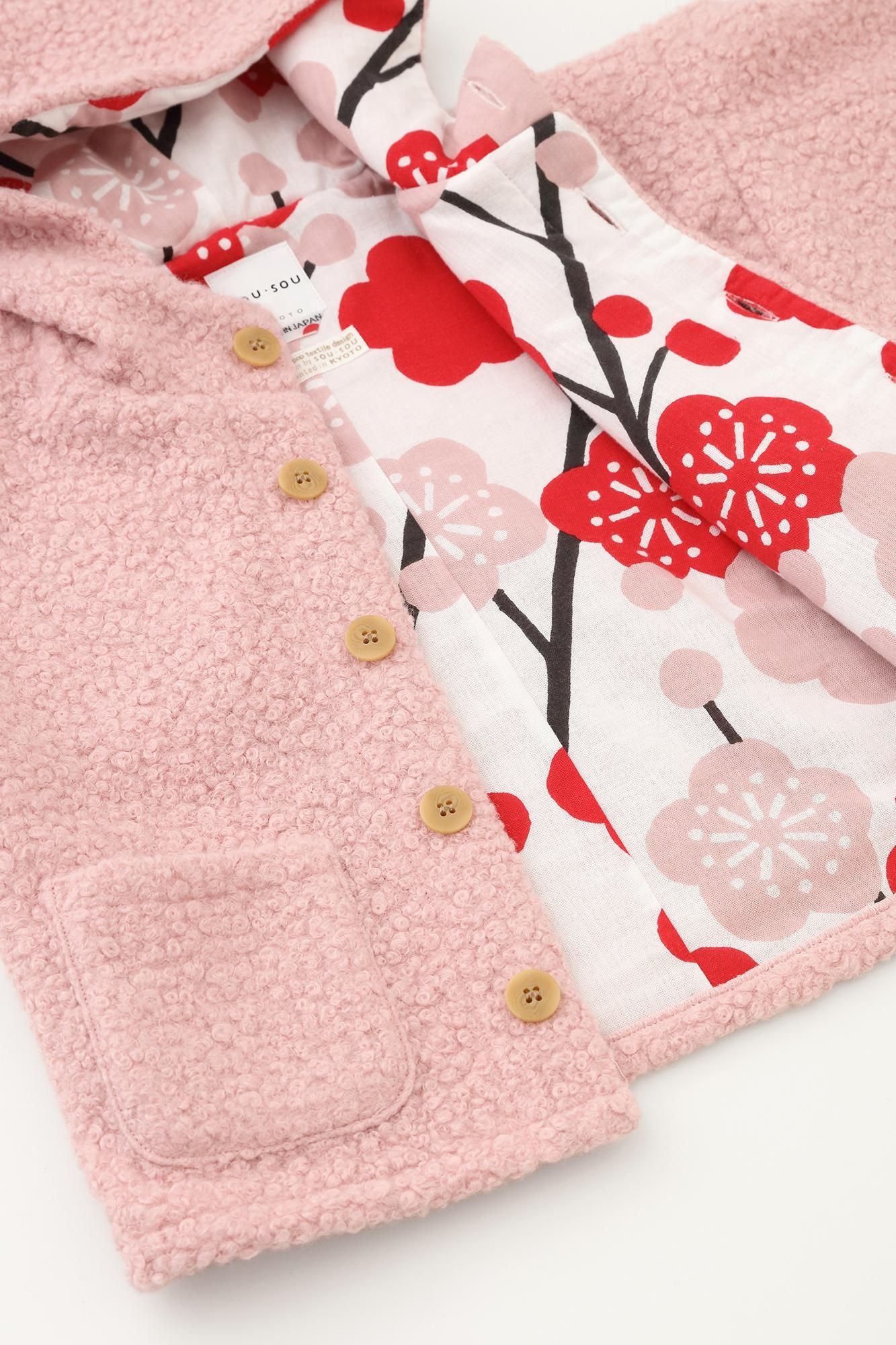 ●仿毛梯形袖連帽外套/桃色x 梅林春光