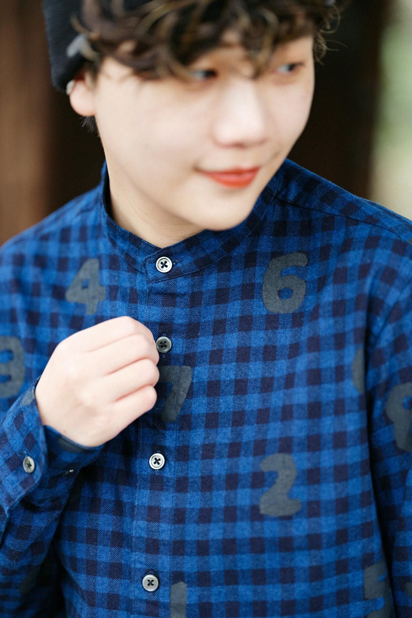Indigo Flannel Check Stand Collar Long-sleeved Shirt SP / SO-SU-U