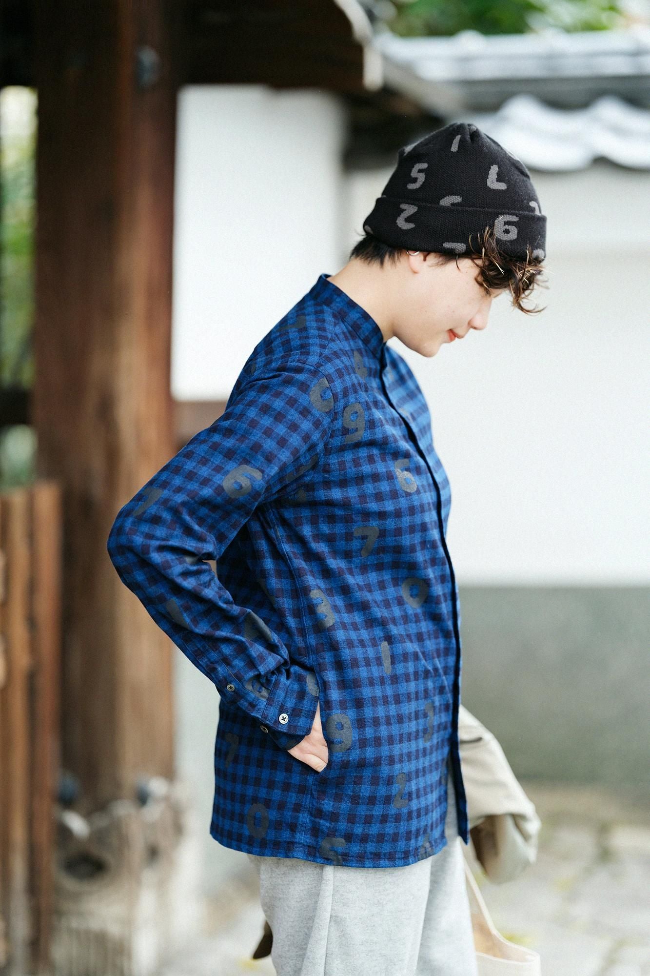 Indigo Flannel Check Stand Collar Long-sleeved Shirt SP / SO-SU-U