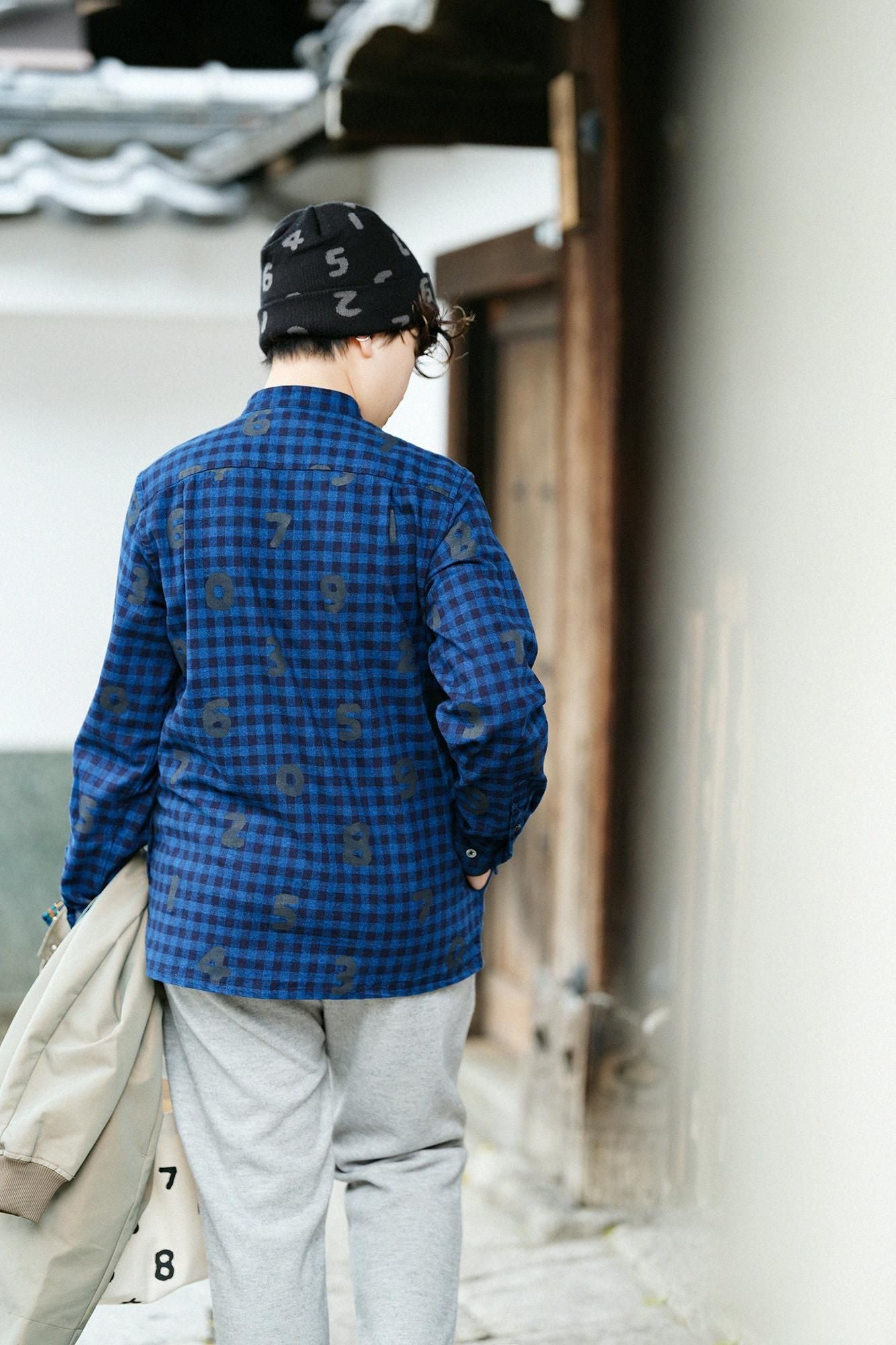 Indigo Flannel Check Stand Collar Long-sleeved Shirt SP / SO-SU-U