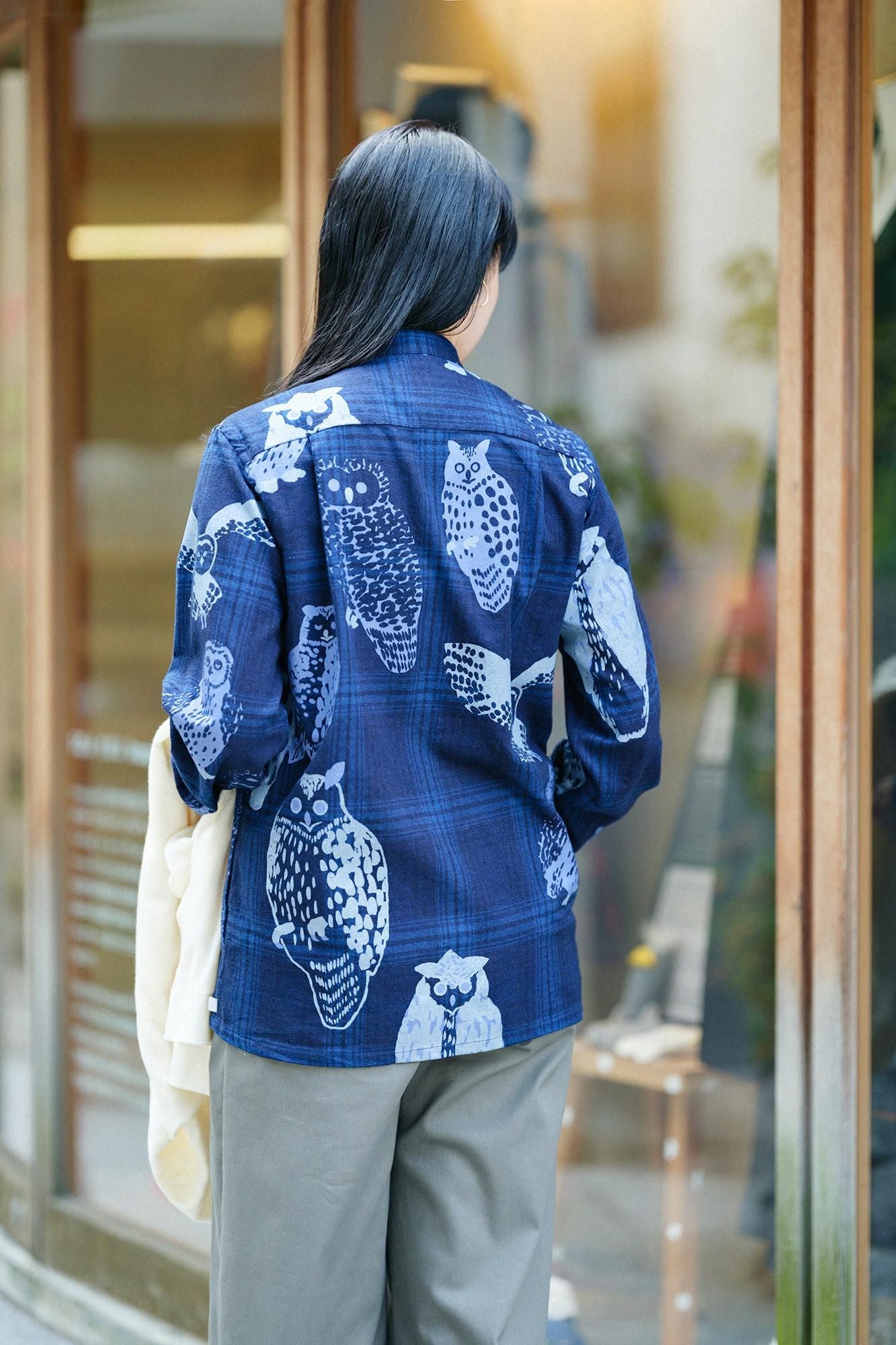 Indigo Flannel Check Stand Collar Long-sleeved Shirt SP / Owl