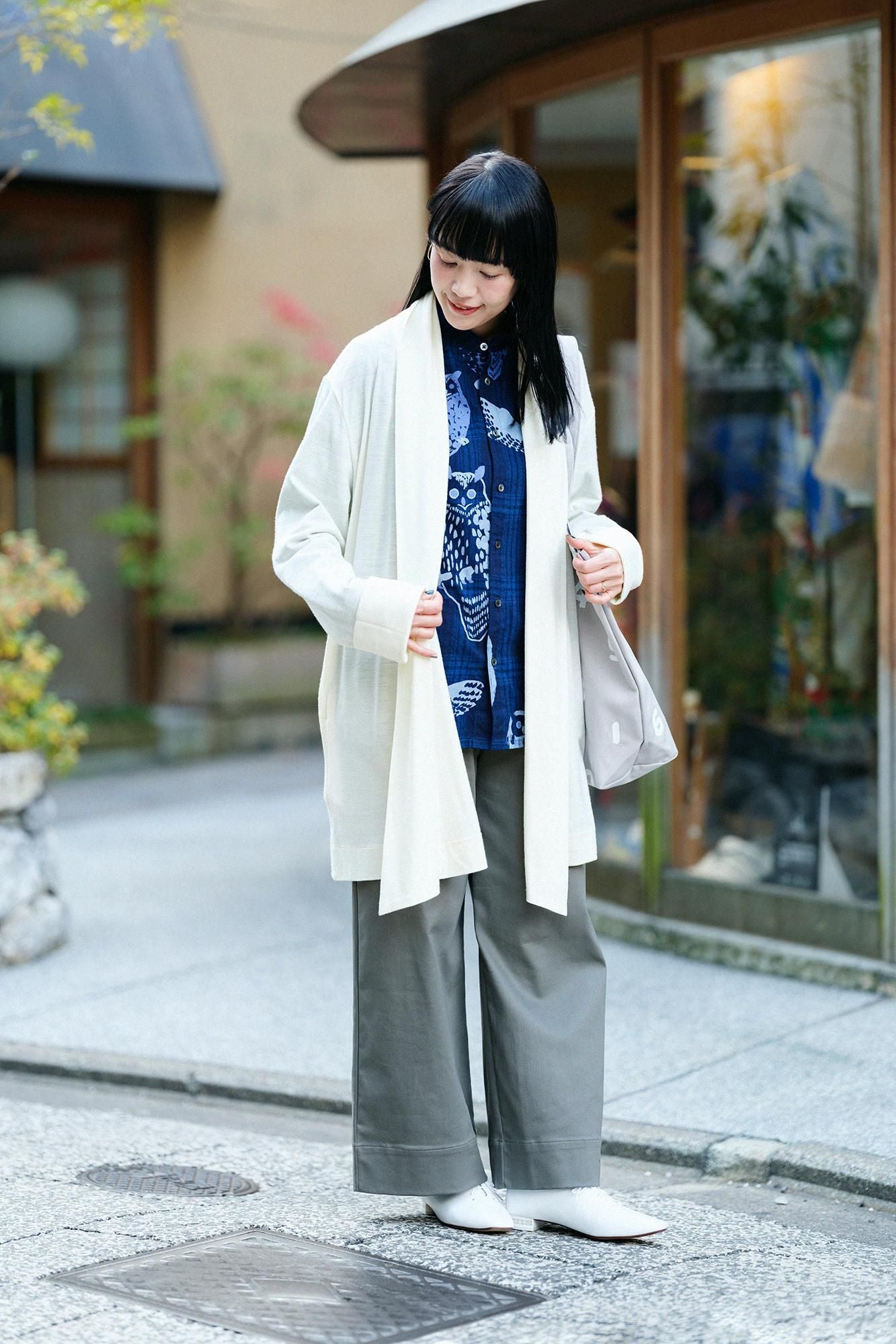 Indigo Flannel Check Stand Collar Long-sleeved Shirt SP / Owl